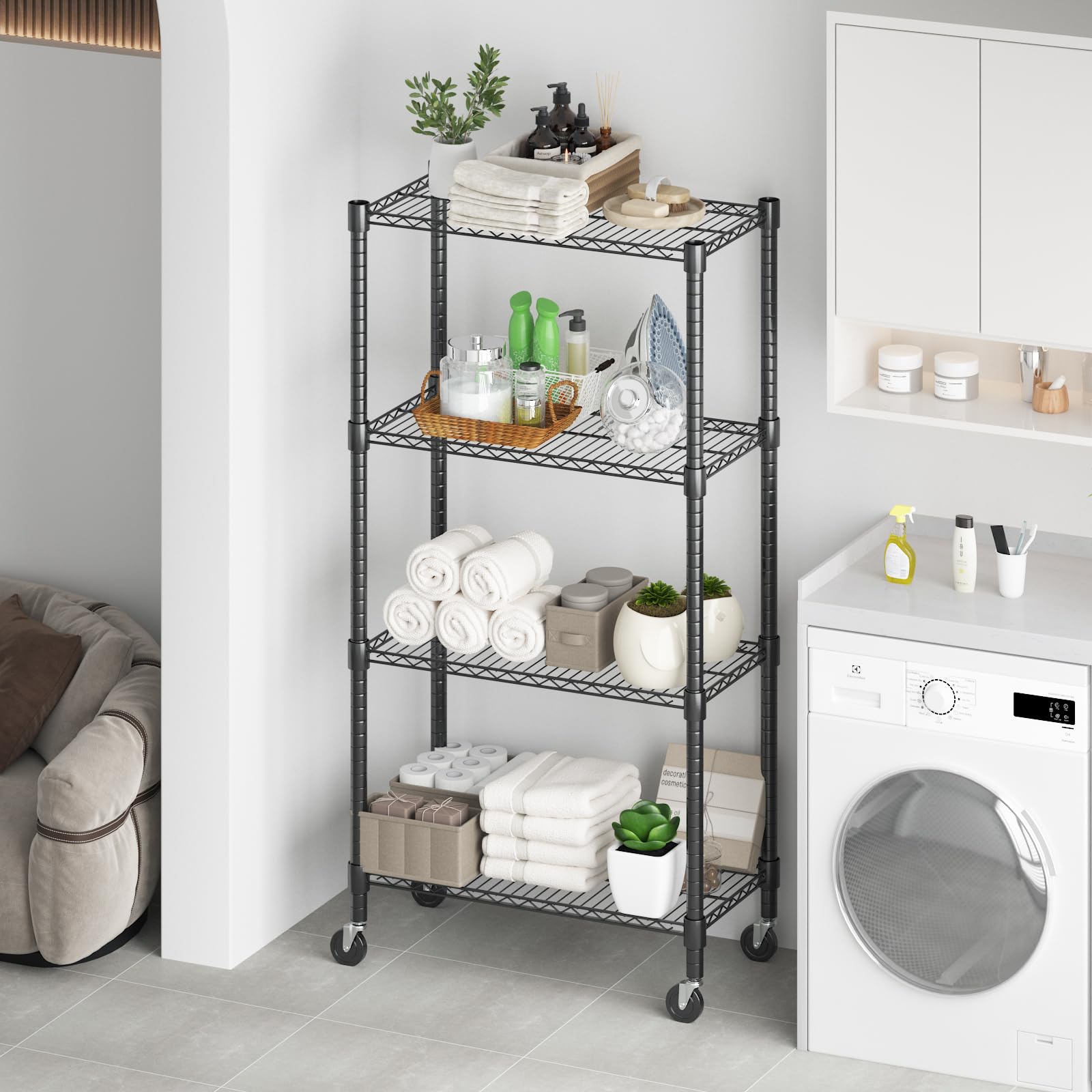 Himimi 4-stufige Metallregaleinheiten für die Aufbewahrung mit Rädern und Nivellierfüßen, höhenverstellbare Drahtregaleinheit, Regalsystem für Badezimmer Küche 400 kg Kapazität, 76x35x183 cm Schwarz