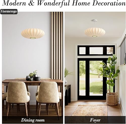 Miniatura 3 de Lámpara colgante de linterna de 20 pulgadas, pantalla de seda de imitación blanca, lámpara colgante de burbujas, lámpara colgante de techo para sala