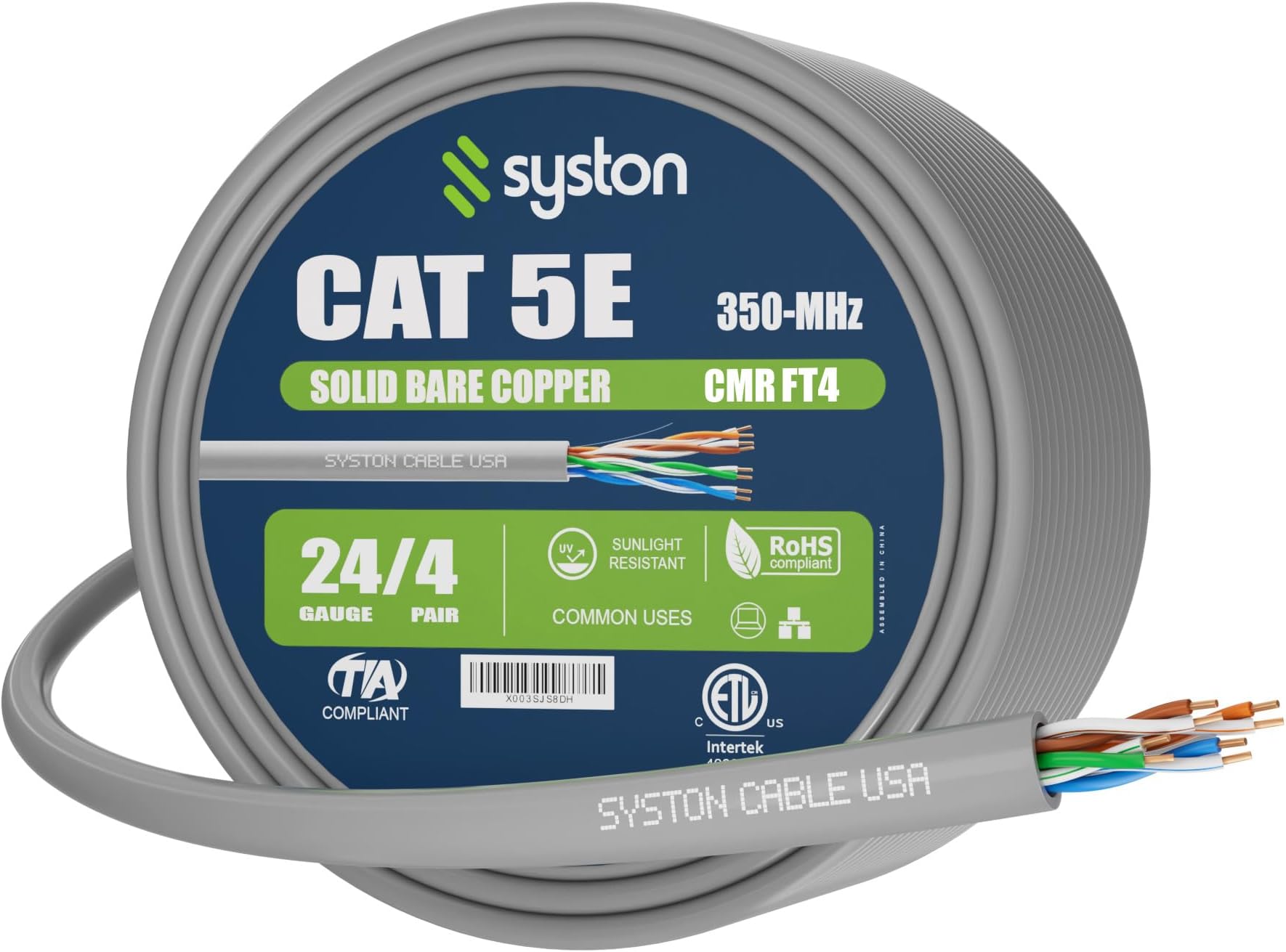 Syston Cable Technology Cat 5e Ethernet Internet Cable - 100 FT，350MHz 24AWG Solid Bare Copper Wire Outdoor/Indoor Suit, No Ends 10 Ft to 1000 Ft Available, Heat Resistant Riser Rated - CMR