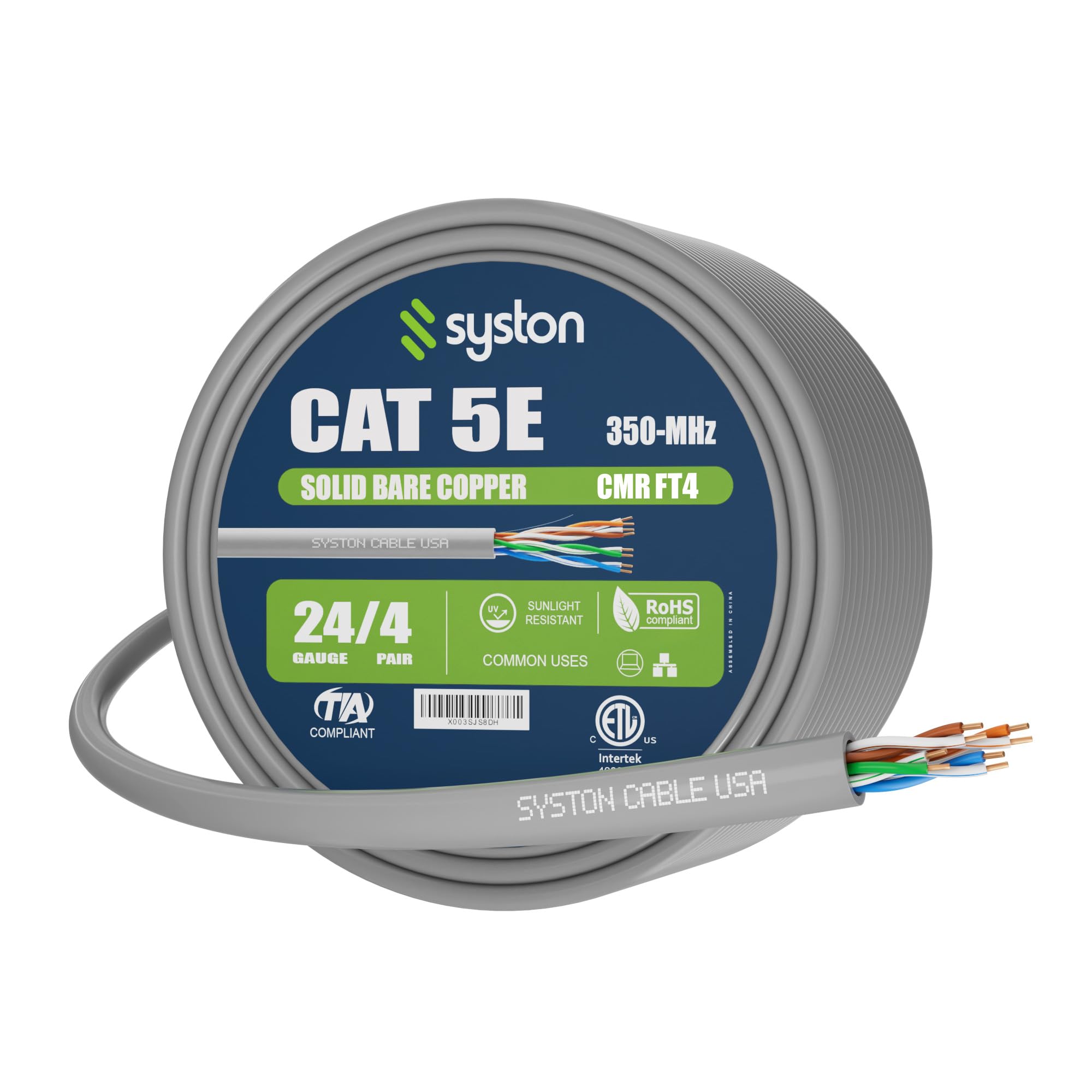 Cat 5e Ethernet Internet Cable - 100 FT，350MHz 24AWG Solid Bare Copper Wire Outdoor/Indoor Suit, No Ends 10 Ft to 1000 Ft Available, Heat Resistant Riser Rated - CMR