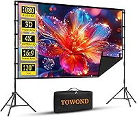 TOWOND 120 Inch Portable Projector Screen with Stand - Black Backing 16:9 4K HD Wrinkle-Free for Outdoor Indoor Movie Nights