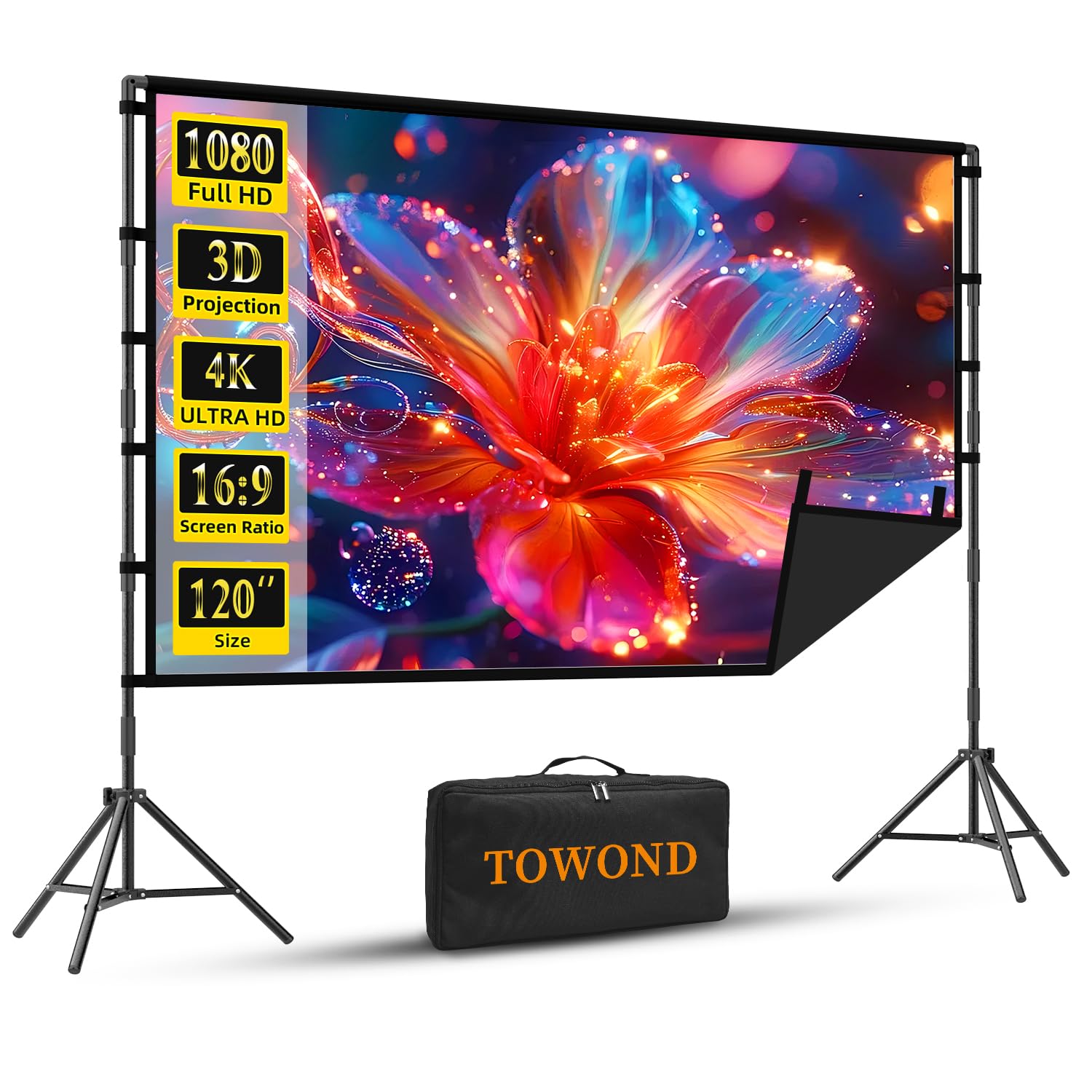 Outdoor Projector Screen with Stand, TOWOND 120 inch Portable Projector Screen Black Backing, Indoor Projection Screen 16:9 4K HD Wrinkle-Free Movie