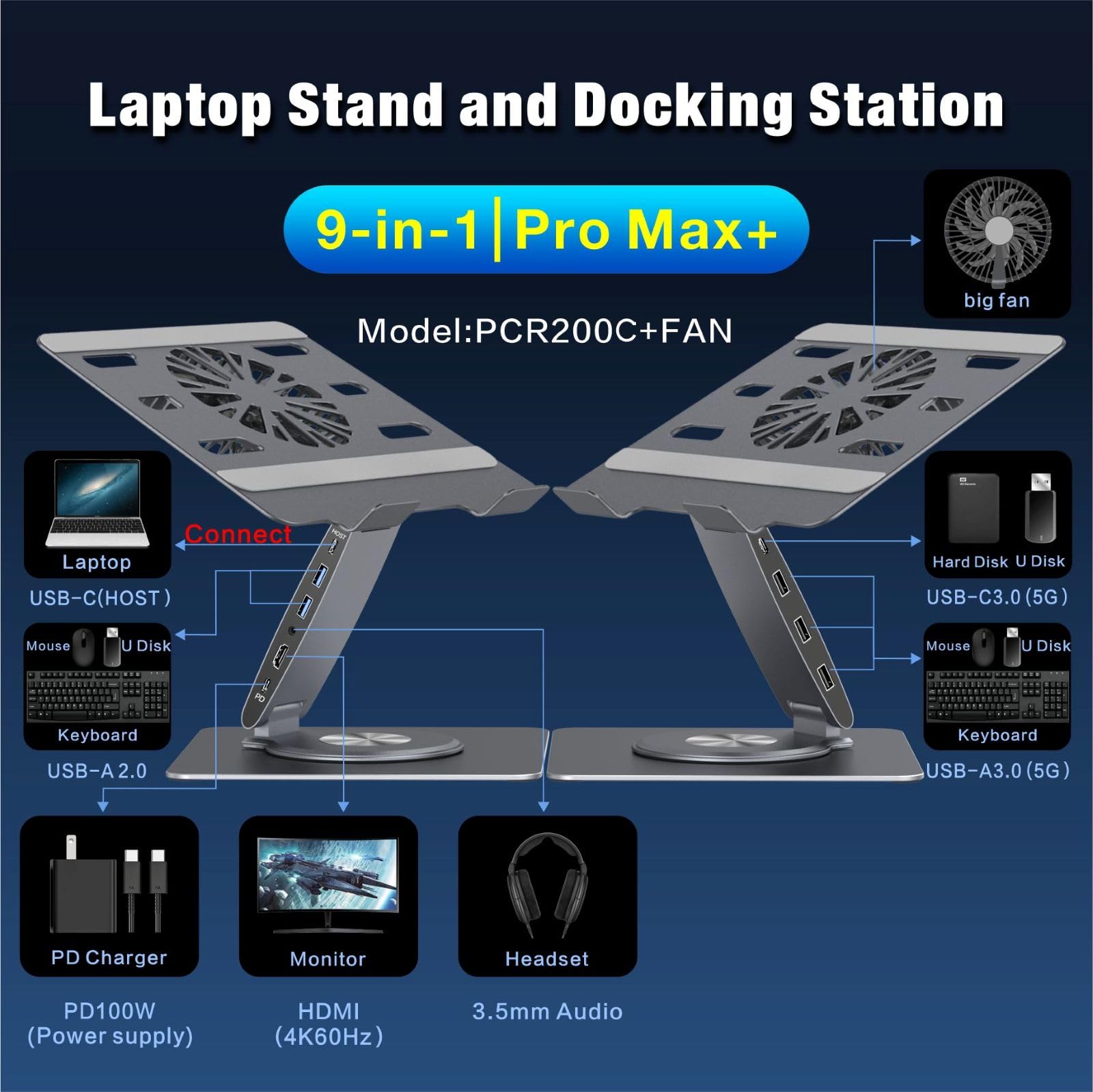 Hub USB-C Supporto per laptop con ventola, Riser per laptop in alluminio con docking station 9-IN-1, HDMI 4K a 60Hz, ricarica PD da 100 W, USB 3.0, audio da 3,5 mm, girevole a 360°, per MacBook Pro