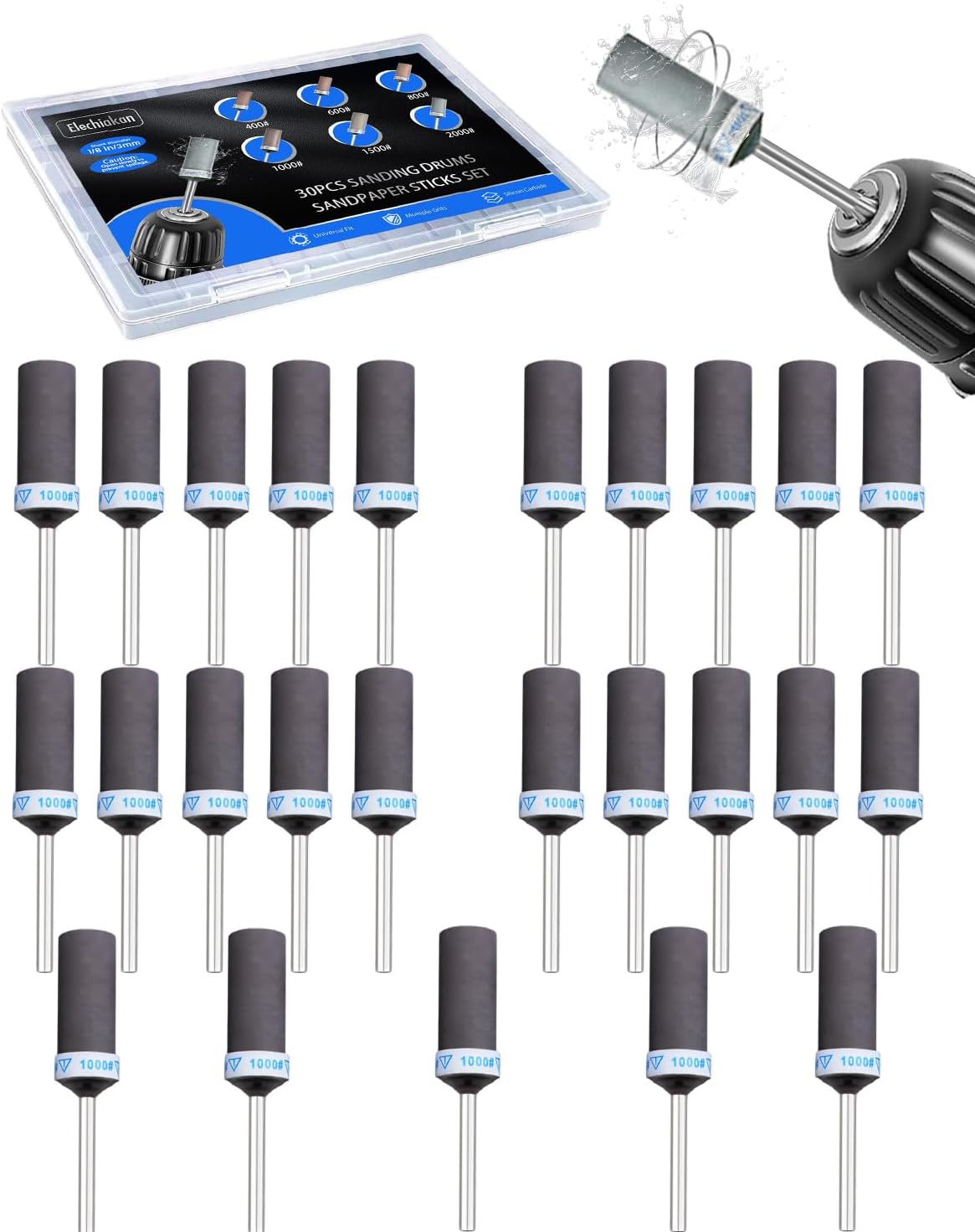 1000 Grit Sanding Drums for Dremel Rotary Tools Accessories, 25PCS Sanding Bits Kit for Dremel Sanding Bands with 1/8 inch Shank, Sandpaper Sticks Set for Plastic Wood Metal Grinding Polishing