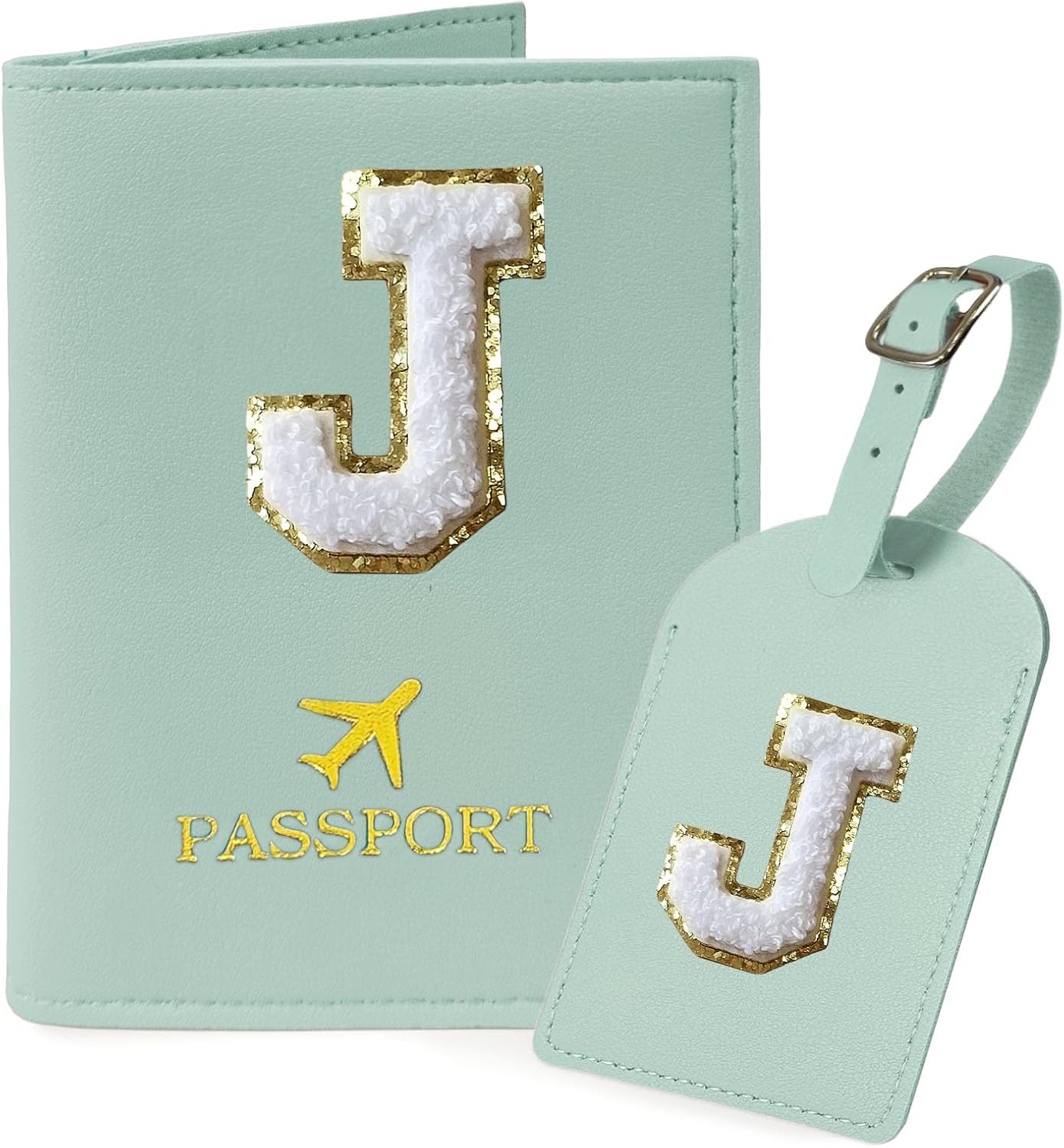 COSHAYSOO Green Initial Passport Cover Holder and Luggage Tag Set TSA Approved with Chenille Letter Patch ABC for Women Teenage Girls, Travel Essentials Must Have Stuff Bag Suitcase Identifier (J) COSHAYSOO Green Initial Passport Cover Holder and Luggage Tag Set TSA Approved with Chenille Letter Patch ABC for Women Teenage Girls, Travel Essentials Must Have Stuff Bag Suitcase Identifier (J)