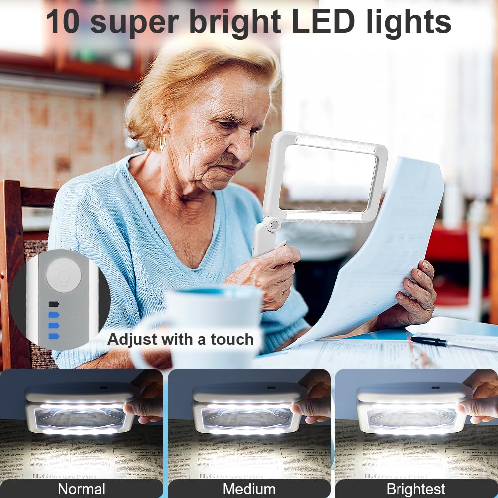 Vicloon Lupa Rectangular, Lupa con Luz 4X, Lupa Grande Plegable con 10 LED y 3 Modos de Luz Fría/Cálida, para Leer Libros de Baja, Páginas, Revistas, Tarjetas, Joyas, Periódicos, Artesanía y Mapas