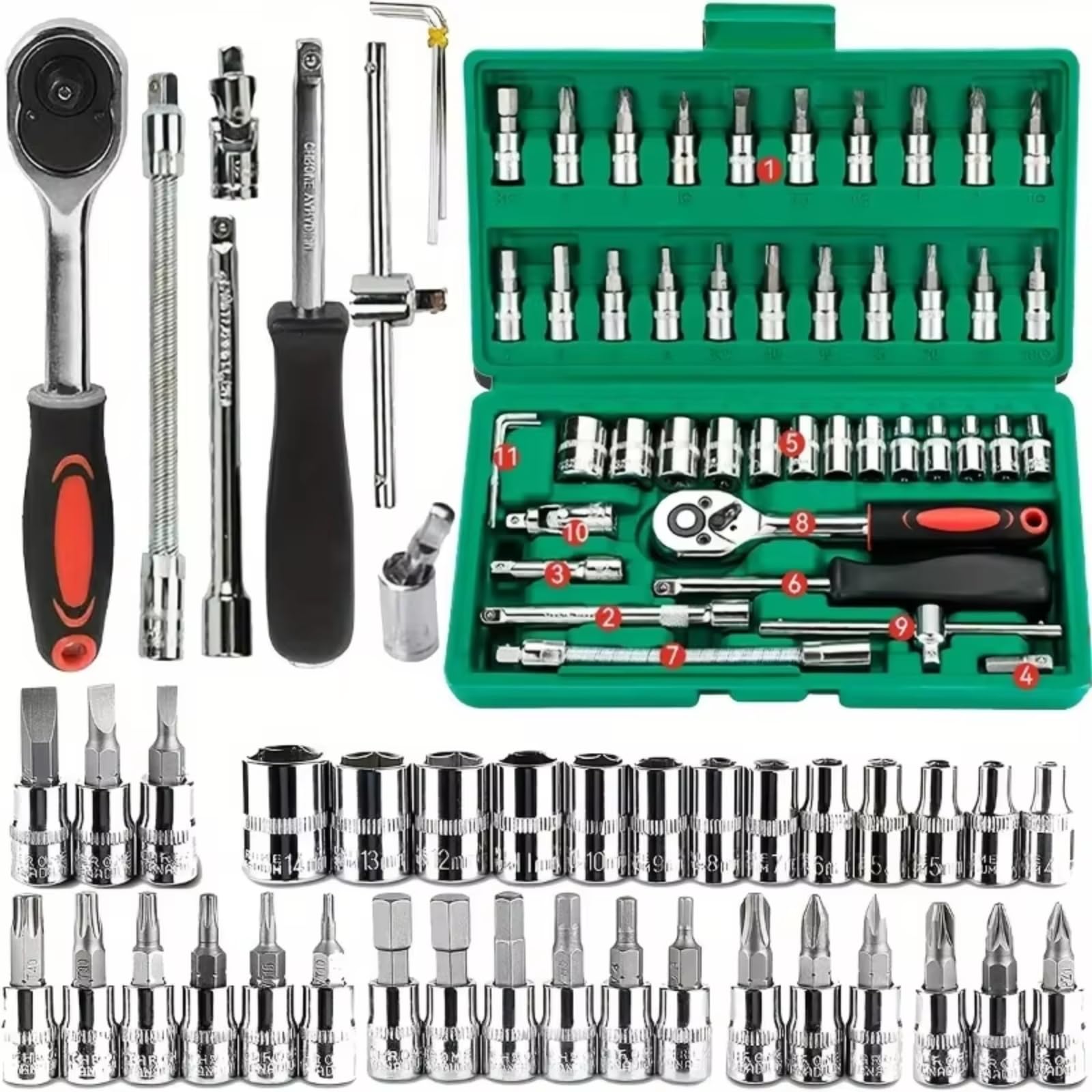 Kit d'outillage mécanique Jeu De Clés À Douille Jeu D'outils À Cliquet 1/4 Réparation Automobile Petit Jeu De Douilles Outils Manuels Outil Réparation Automobile 46 Pièces