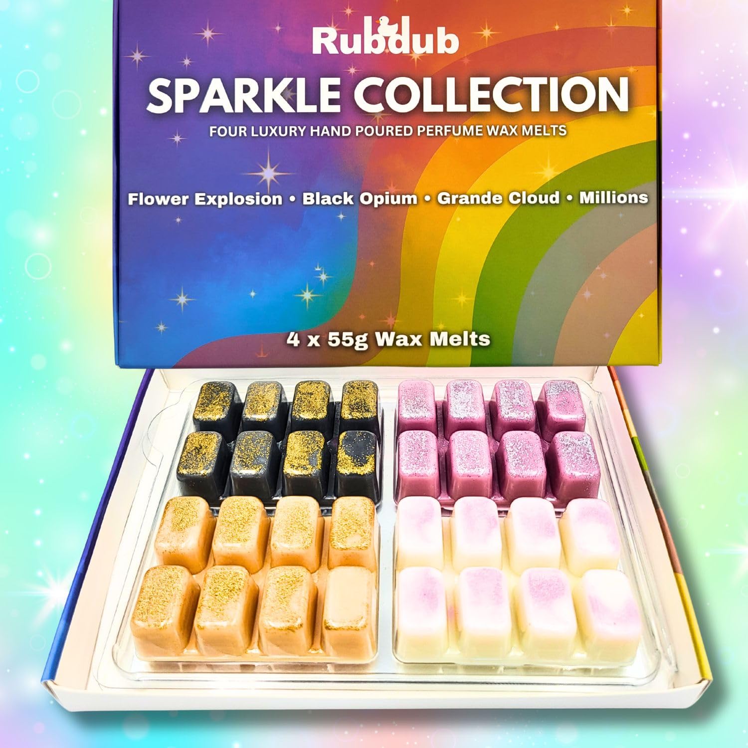 Rubdub Mixed Perfume Inspired Wax Melts - 4 X 55G Soy Wax Melts - 220G Xl Gift Set - Flower Explosion - Black Opium - Millions - Grande Cloud - Highly Scented - Handmade In Kent (Sparkle Xl Collection)