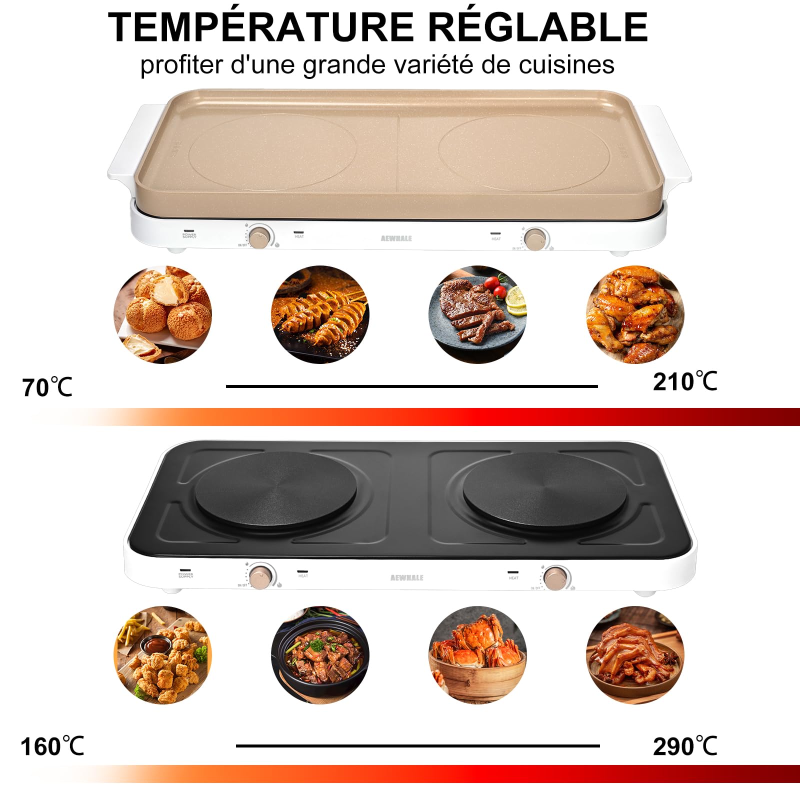 AEWHALE 1000W+1000W Plaque de Cuisson Electrique 2 Feux Doré | Plaque de Gril Amovible Antiadhésive en Céramique, Température Réglable pour Le Jardin, la Cuisine à Domicile et Le Camping