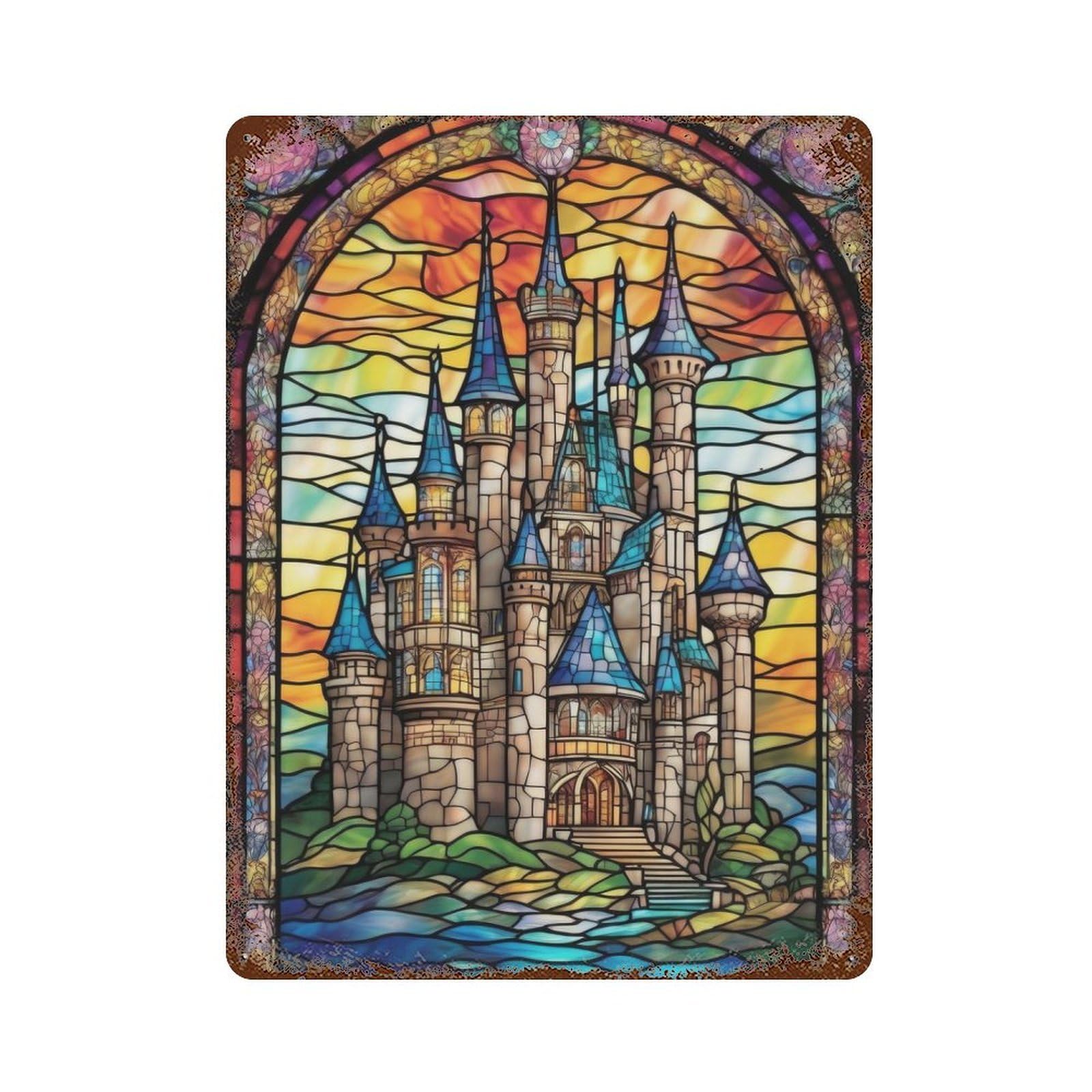 Garage Style Stained Glass Castles Aged Metal Wall Plaque 15.7"x11.8", Decorative Metal Wall Art for Bar And Workshop
