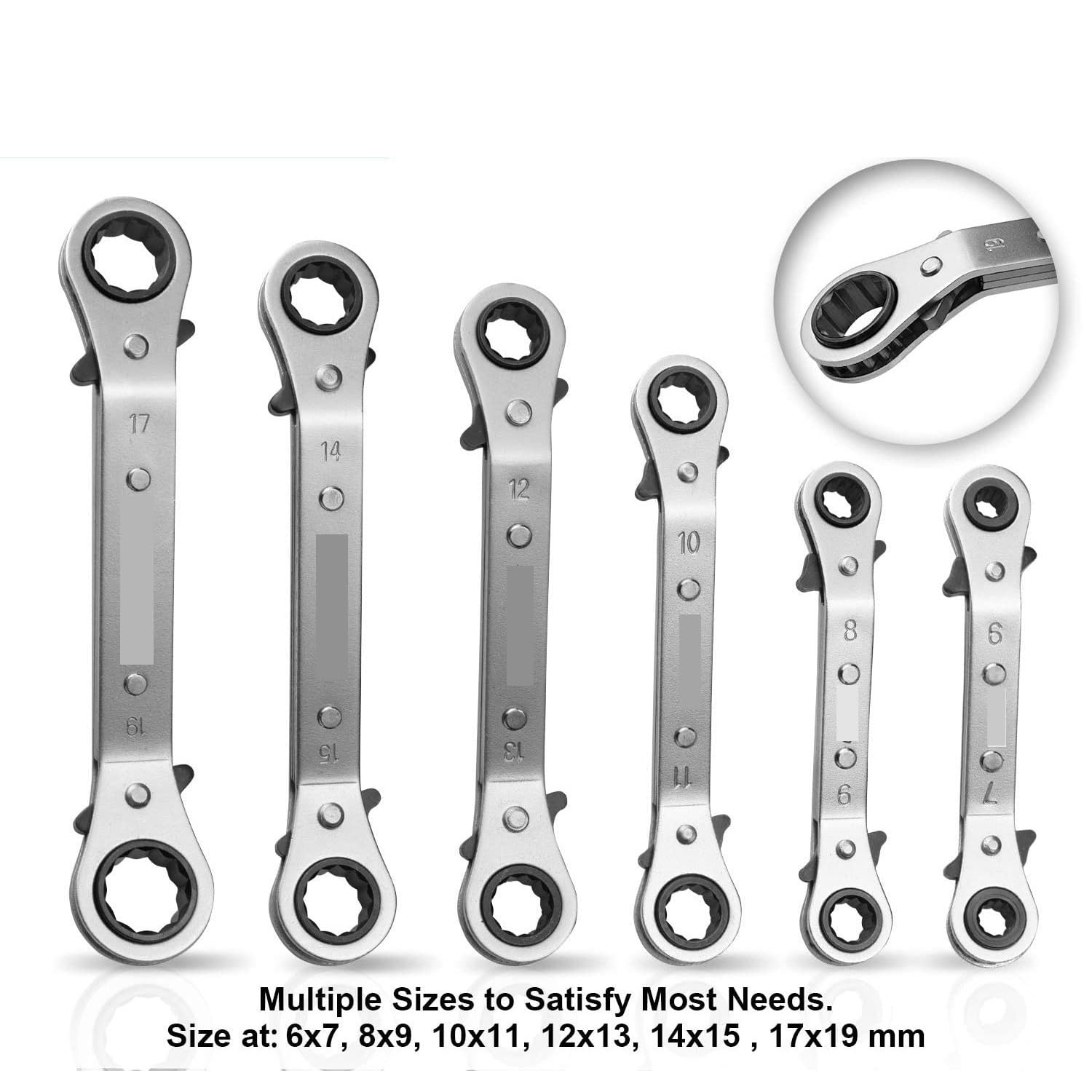 Telescopic Ratchet Zestaw kluczy odsadzonych, metrycznych, 6 szt. Kluczy oczkowych z grzechotką 6–19 mm pojemnikiem do przechowywania mały klucz dynamometryczny