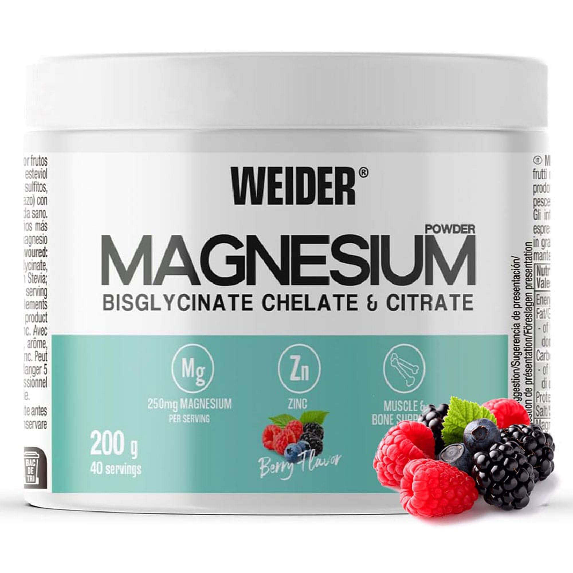 Weider Magnesium Powder (200 g), Smak Czerwone Owoce, 250 mg na Porcję, Magnez w Proszku (Bisglicynian i Cytrynian) z Cynkiem, Wspiera Mięśnie i Kości, Redukuje Zmęczenie, Bez Dodatku Cukru, Wegański