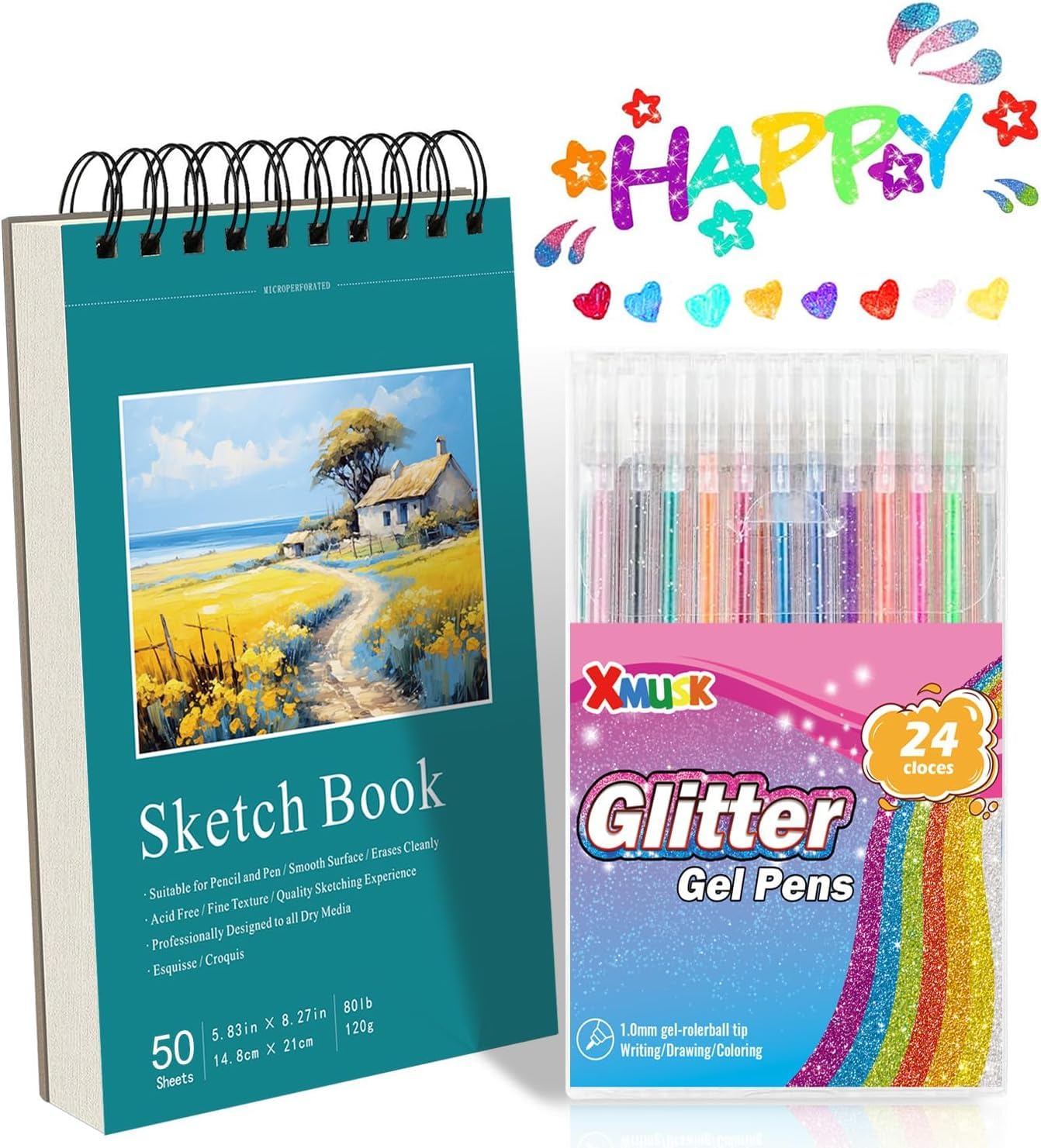 Xmusk Glitter Gel Pens Gift Set with 24 Colors Gel Pens for Coloring A5 Sketch Book Set 50 Sheets 120gsm Spiral Art Sketchbook Drawing Pad for Drawing