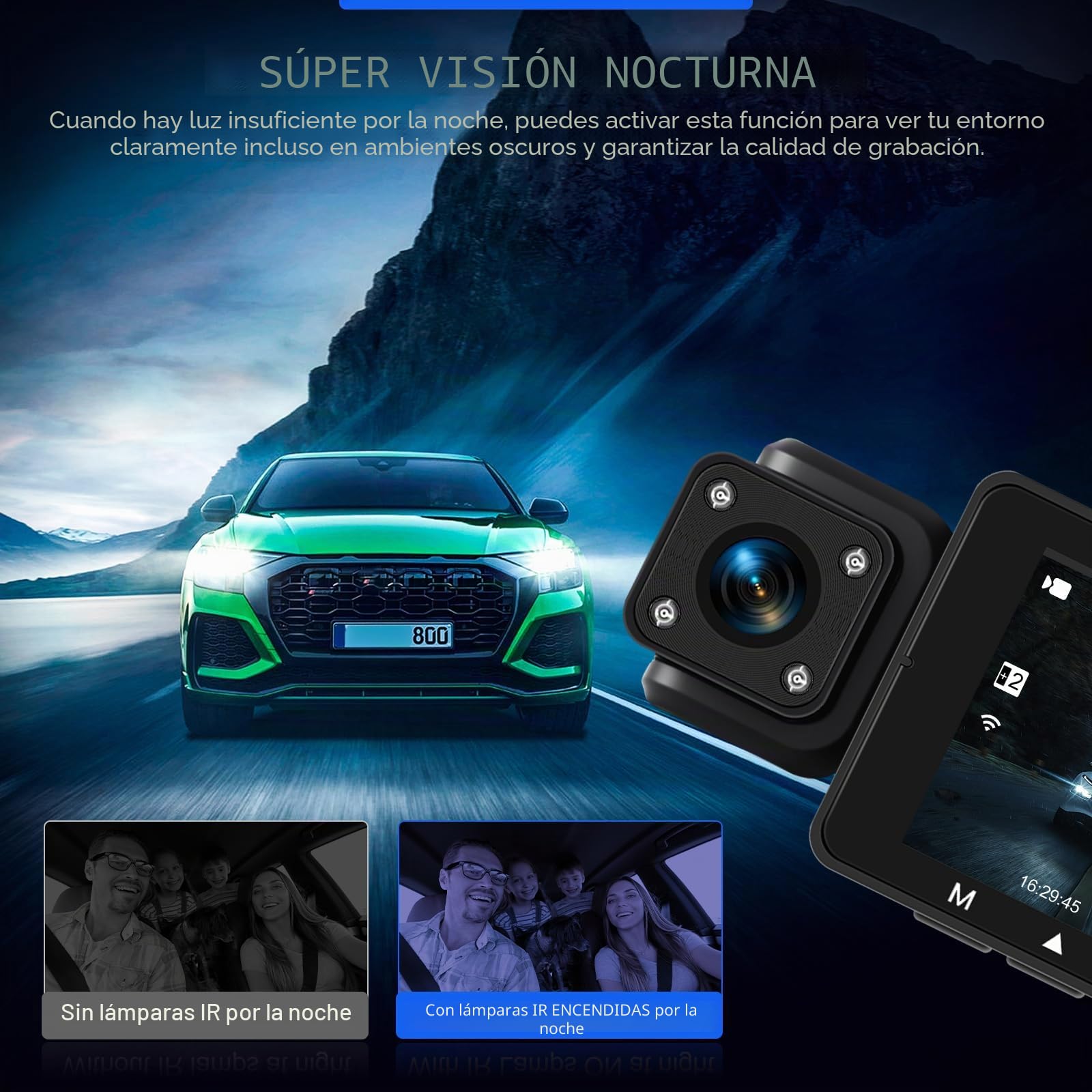 360 Grados 4 Canales Todo Alrededor 1080P Car Dash CAM, 3 Pulgadas IPS Pantalla con WiFi/64GB/G-Sensor/Cámara Trasera/24H Modo Aparcamiento/Visión Nocturna/Grabación en Bucle
