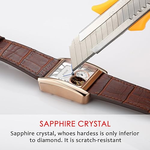 Miniatura 4 de BINLUN Relojes automáticos para hombre con correa de cuero y esqueleto mecánico rectangular