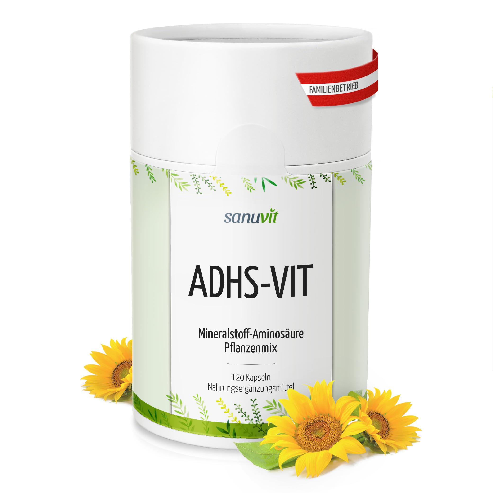 Sanuvit® - ADHS-VIT | Focus & Aufmerksamkeit | Für Erwachsene & Kinder| Hohe Bioverfügbarkeit | Qualität aus Österreich | Vegan | 120 Kapseln