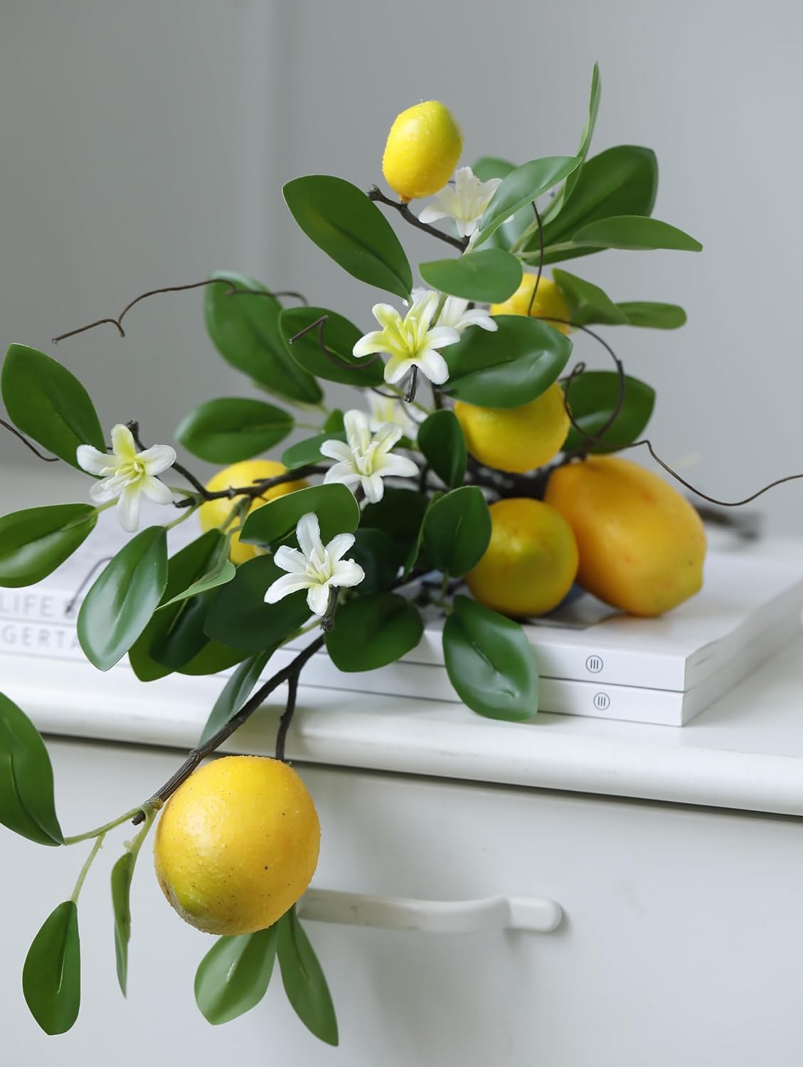 Laelfe 2 Bunches Artificial Lemons Branches Faux Lemons Fruit with Stem Fake Lemon Decoration for Kitchen Farmhouse Decor (Yellow)…