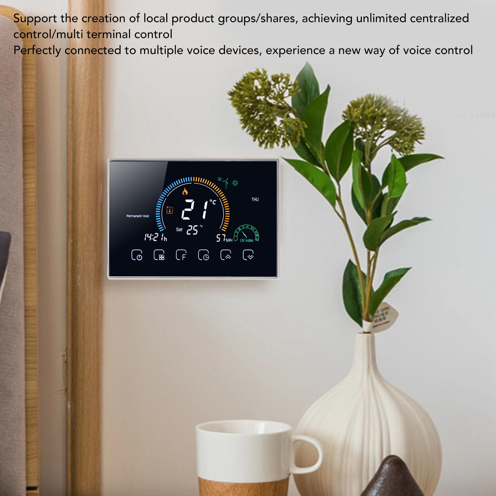 Programowalny inteligentny regulator temperatury 95–240 V do systemów HVAC — termostat centralnego klimatyzatora z ekranem dotykowym LED i łącznością Wi-Fi, czarne wykończenie, (Czarny)