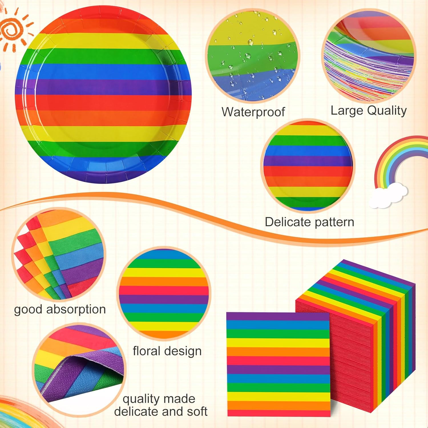 400 Pcs Rainbow Pride Paper Plates Napkins Cups Set, Rainbow Party Supplies Decorations Serve 50 Guests, Gay Pride Disposable Tableware Set