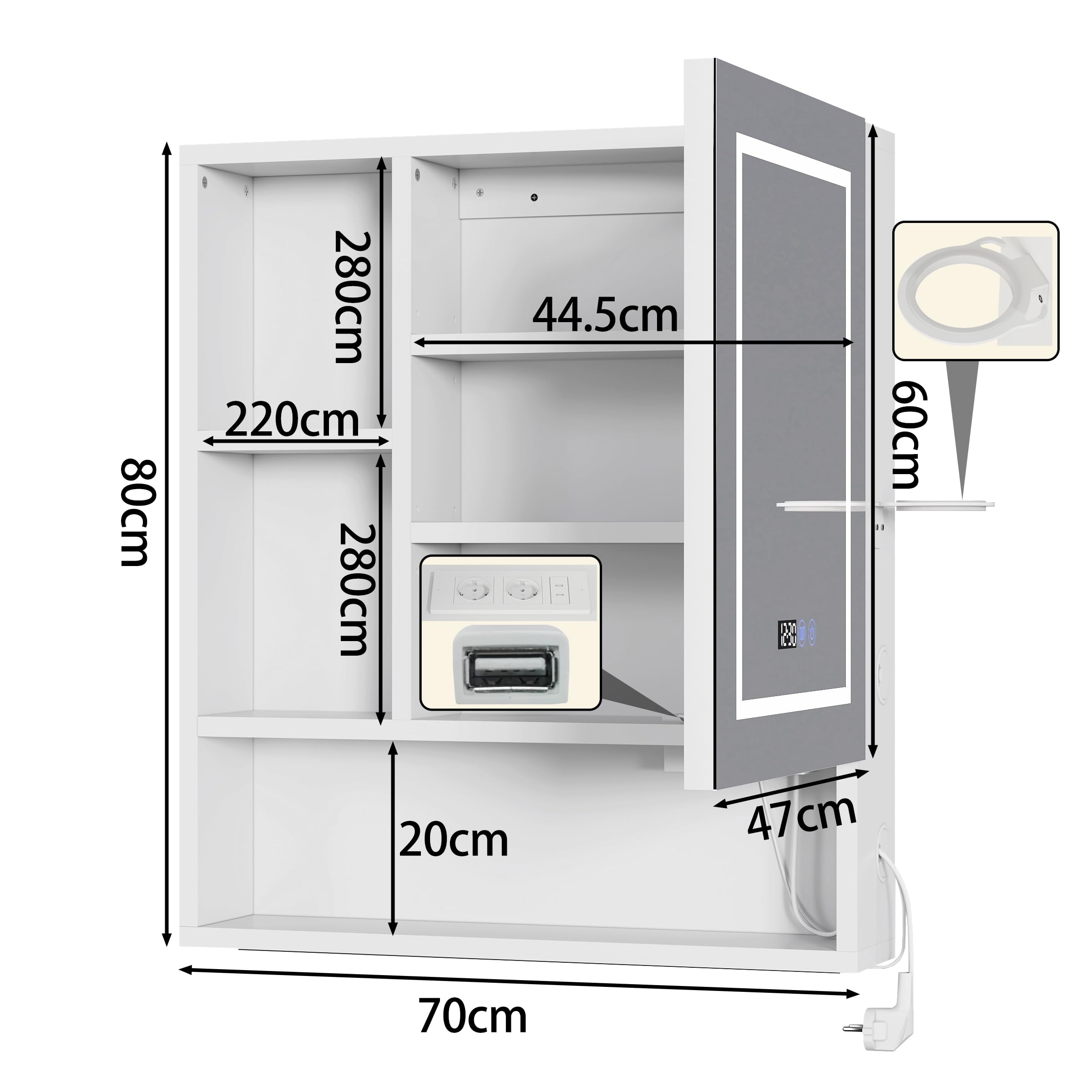 Spiegelschrank Bad mit Beleuchtung und Antibeschlag Funktion Hängender Badezimmer Spiegelschrank mit Zeit- und Temperaturanzeige,Steckdose,Haartrocknerständer und 6 Staufächer,70x80x16 cm