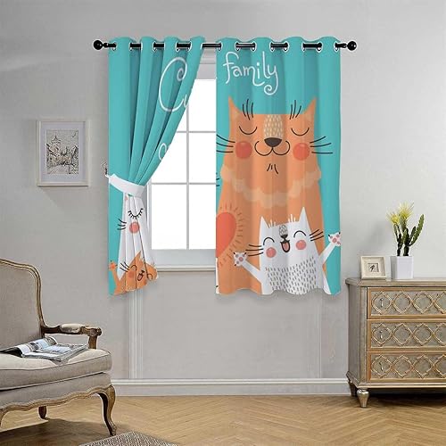 Cortinas para Cocina Family Cats Grommet Short Thermal Patio Door Curtains Curtain Wall 55Inch Width by 72Inch Length,2 Panels