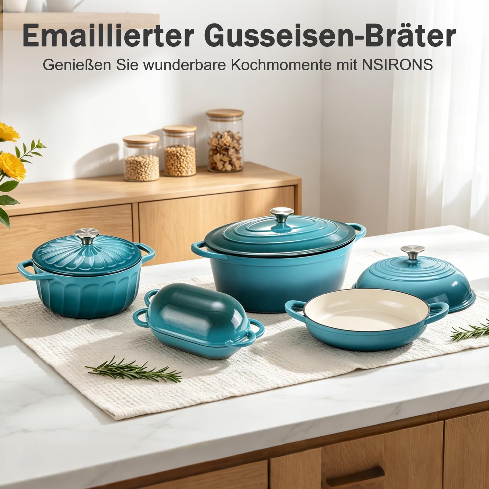 Gusseisen Bräter mit Deckel, Oval Gusseisen Topf 6.6L, Emaille Topf Groß Backofengeeignet, Schmortopf mit Deckel für alle Herdarten Induktion (Blau-Grün) | Schmortopf mit Deckel und Griffen, 26 cm Brotbacktopf, Bräter Gusseisen, für Küche Backen Schmoren