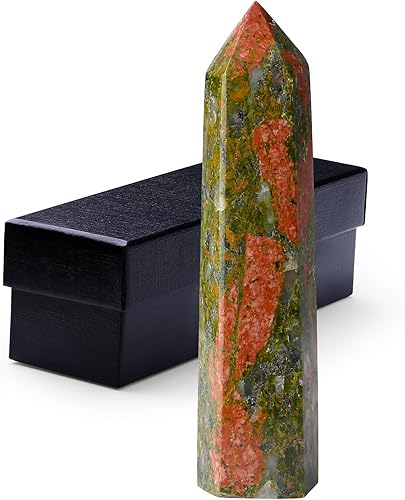 ZHIYUXI Varitas de cristal curativo de Unakita de 3.7-4 pulgadas, torre de cristal hexagonal, piedra de cristal puntiagudo, cristales grandes,