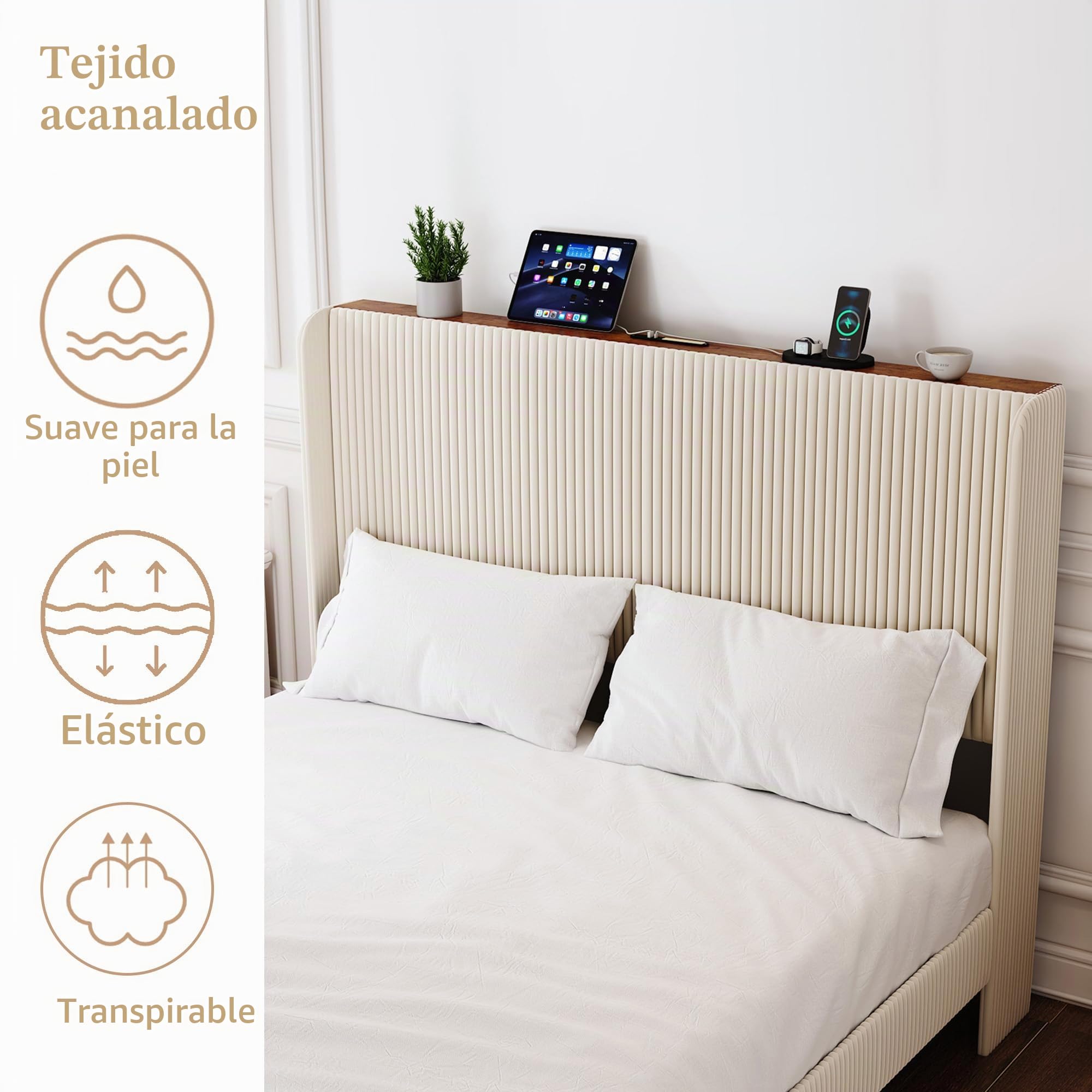 OKMYHOME Cama Tapizada 180x200 cm, Cama Doble Grande con LED y Puerto USB Tipo C, Estructura con Somier de Láminas de Metal, Tela Acanalada, Beige, Sin Colchón