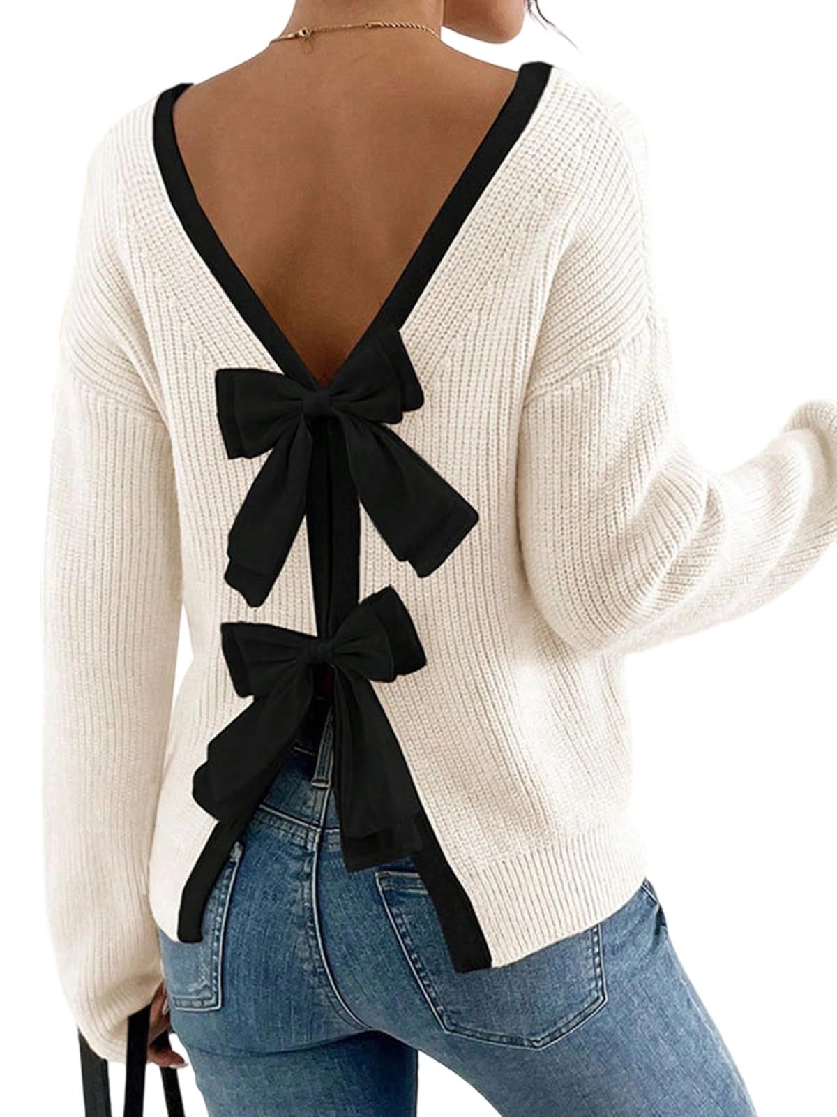 Molisry Womens Pullover Sweaters Sexy Long Sleeve Crew Neck Open Back Dressy Fall Bow Sweater 2025
