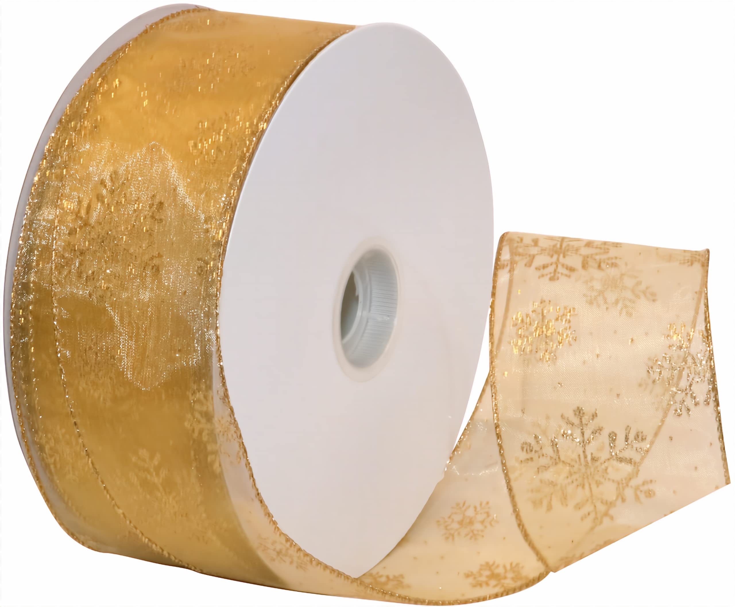 Morex Ribbon 2.5" X 50 YD Nylon Sheer Wired Glitter Ribbon, Gold, Snowflake, Christmas Decorations, Gift Wrapping Art Set