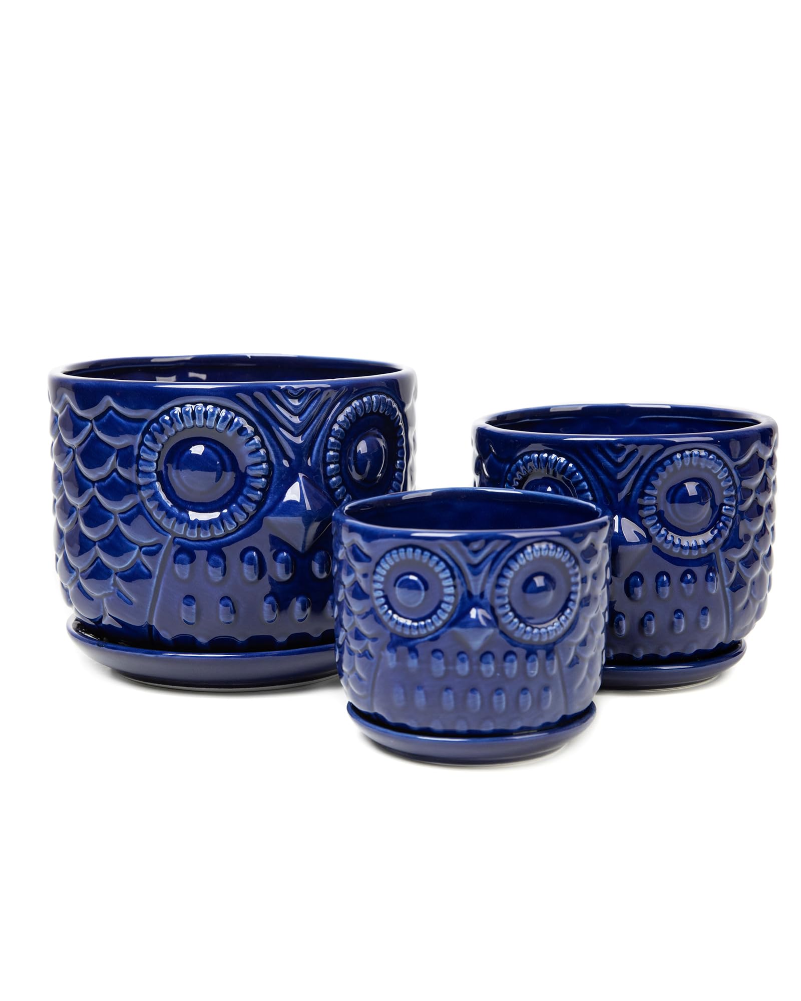 Vasi da fiori in ceramica, fioriere in ceramica con foro di drenaggio e sottovaso, moderne fioriere rotonde per piante grasse da interni con design a gufo, di piccole e medie dimensioni, set da