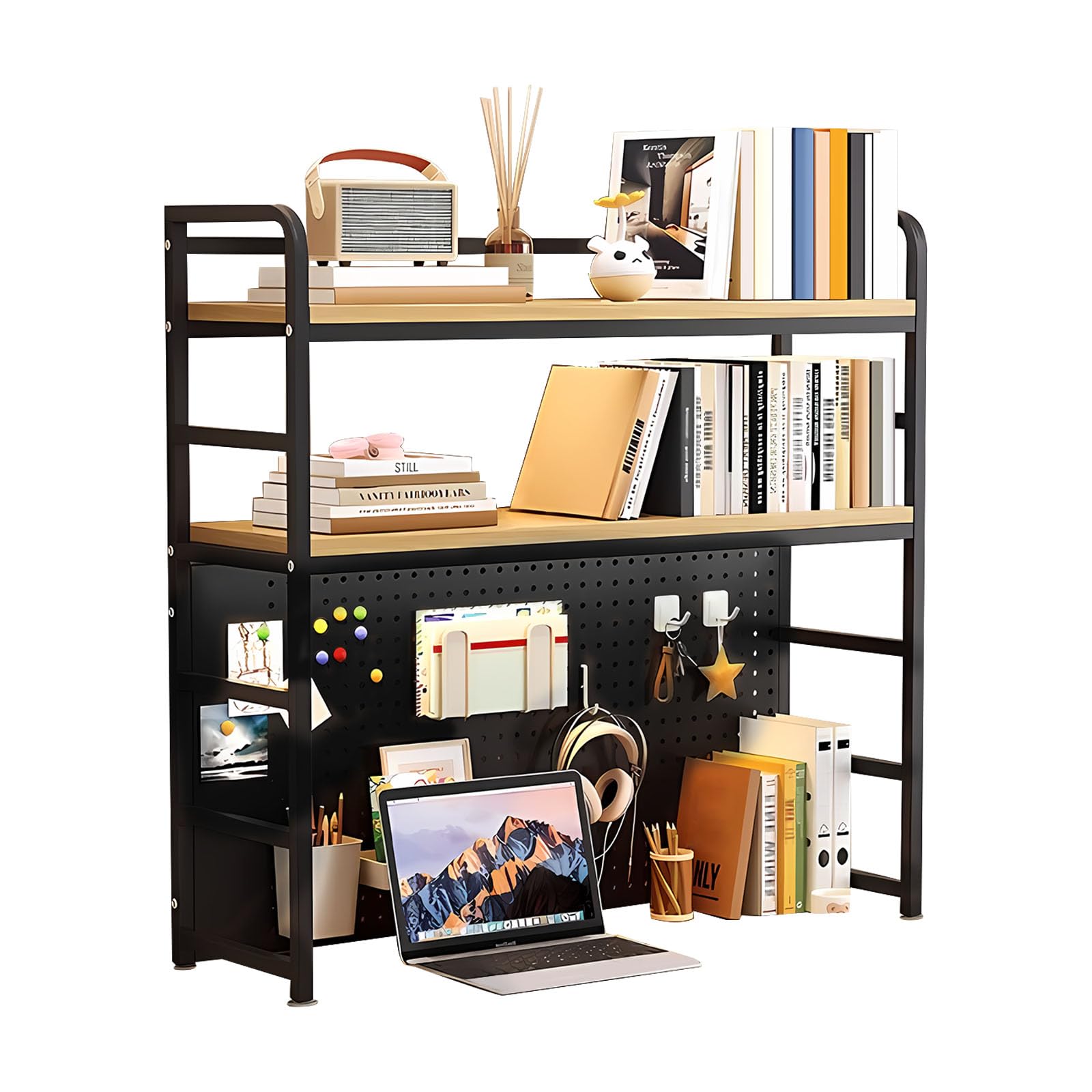 Desk Hutch Shelf Dorm 2 Tier Countertop Desktop Bookshelf With Pegboard,metal /MDF Desk Top Bookcase for Computer desk, Desk Storage Organizer Rack