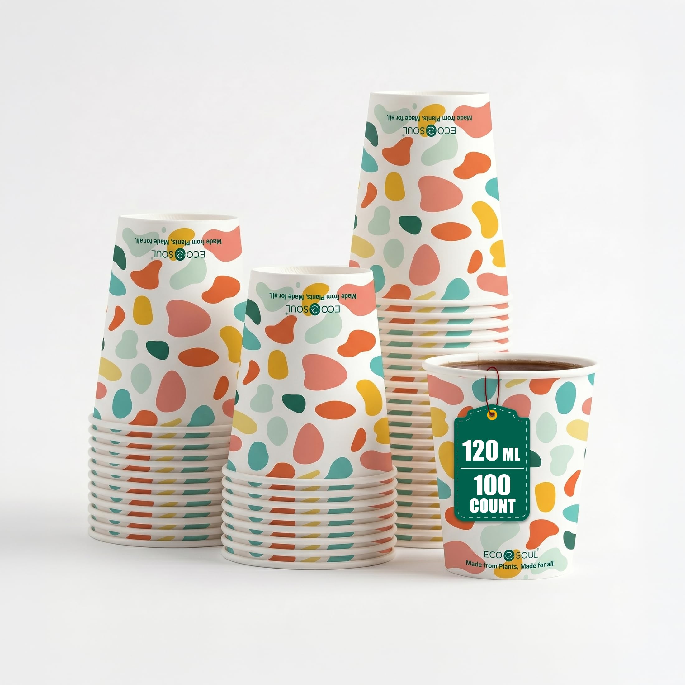 ECO SOUL [120 ml, 100 Count] Disposable Multi-Colour Paper Cups| Plastic-Free Aqueous Coated | Eco-Friendly & Biodegradable Cups | Use & Throw Party Glasses | Ideal for Tea, Coffee & Water | 190 GSM