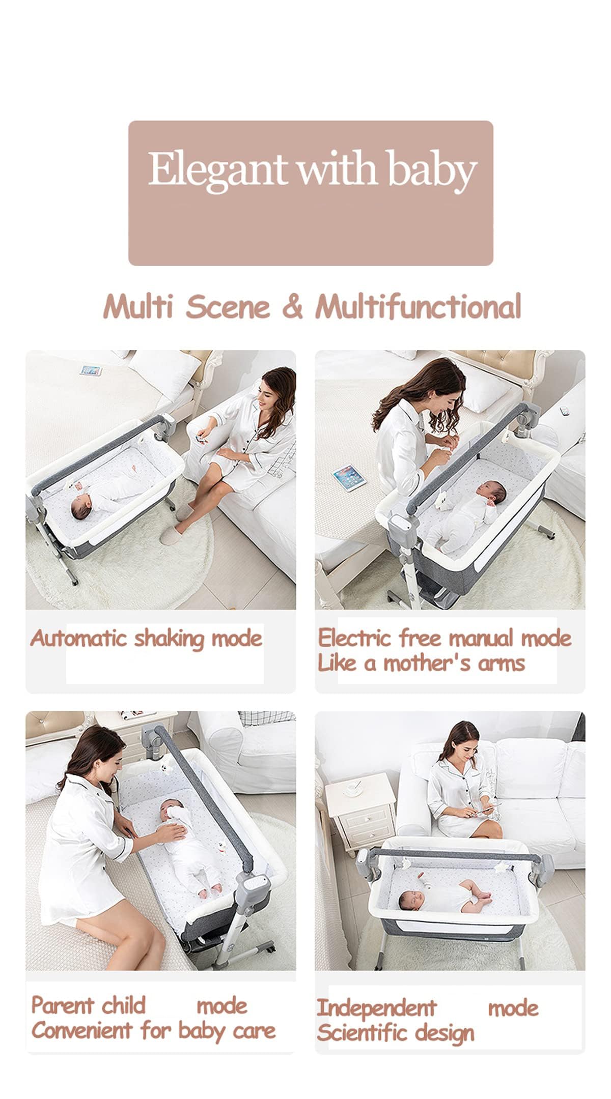 MoLi Eléctrico Bluetooth Inteligente Cuna Colecho Bebe, Cuna Next to me Convertible, Plegable Colecho Bebe con Colchon, Música, 5 Engranajes de Balanceo y Control Remoto (601 Beige)