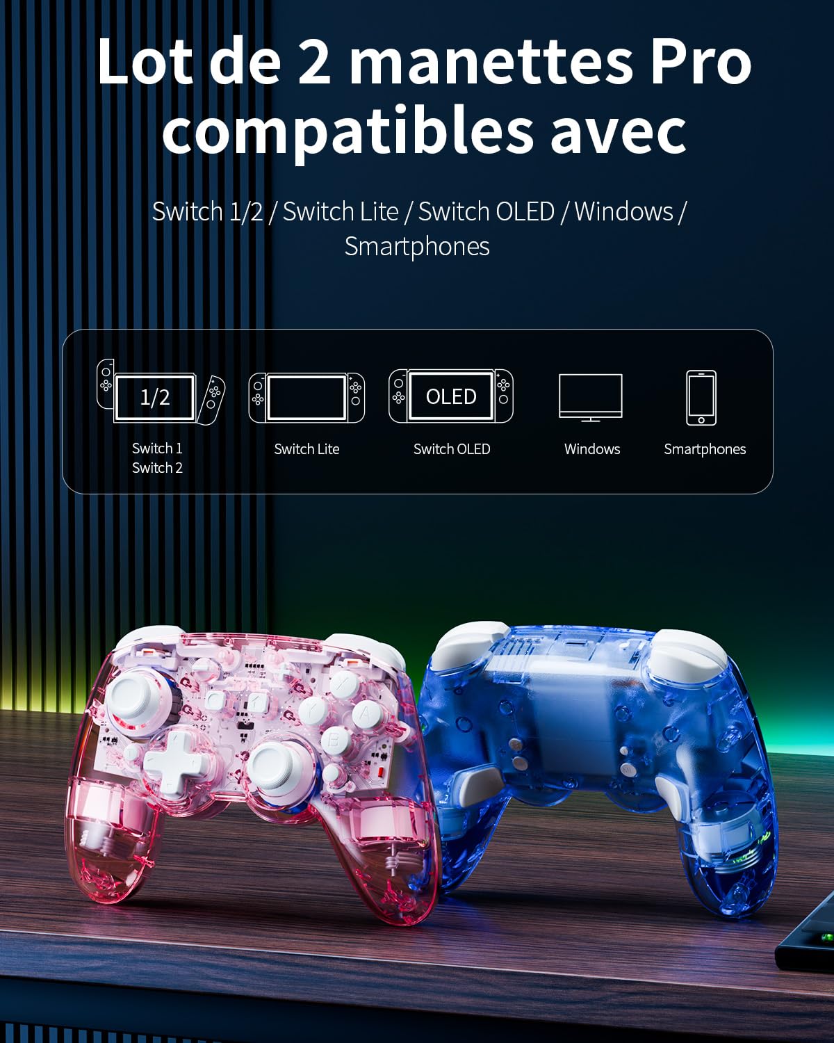 Gipnruot Manette sans fil à effet Hall Switch 2, manette Pro sans fil compatible avec Switch 2/OLED/Lite, manette Bluetooth avec 7 couleurs LED/macro/capteur de mouvement/turbo - Rose/Gris