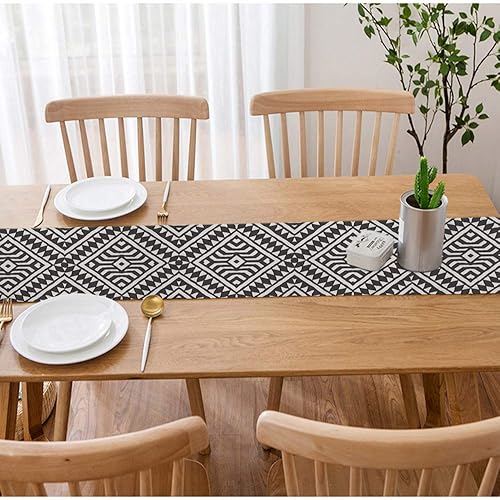 Miniatura 3 de HGOD DESIGNS Camino de mesa tribal, arte geométrico abstracto azteca tribal en blanco y negro, camino de mesa de lino de algodón, decoración del