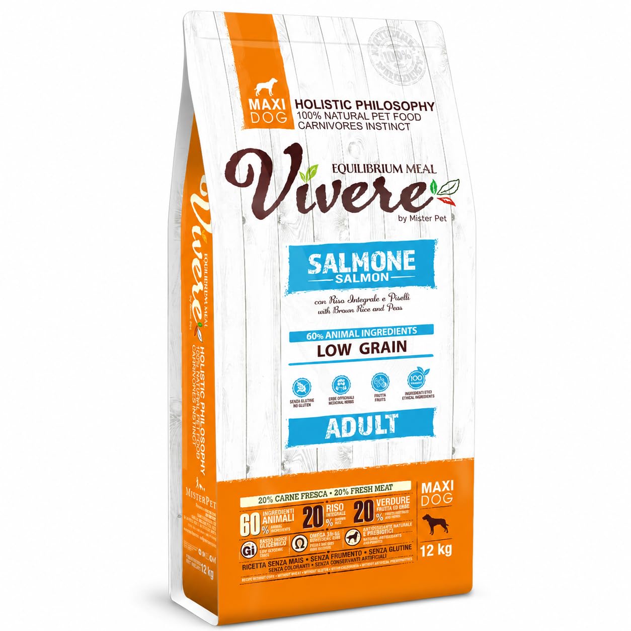 Vivere Adult Maxi Crocchette Cane Adulto con Salmone, Mangime Secco Low Grain Gluten Free per Cani Taglia Grande, Alimento Completo con Omega 3, Prebiotici, Frutta ed Erbe, 12 kg