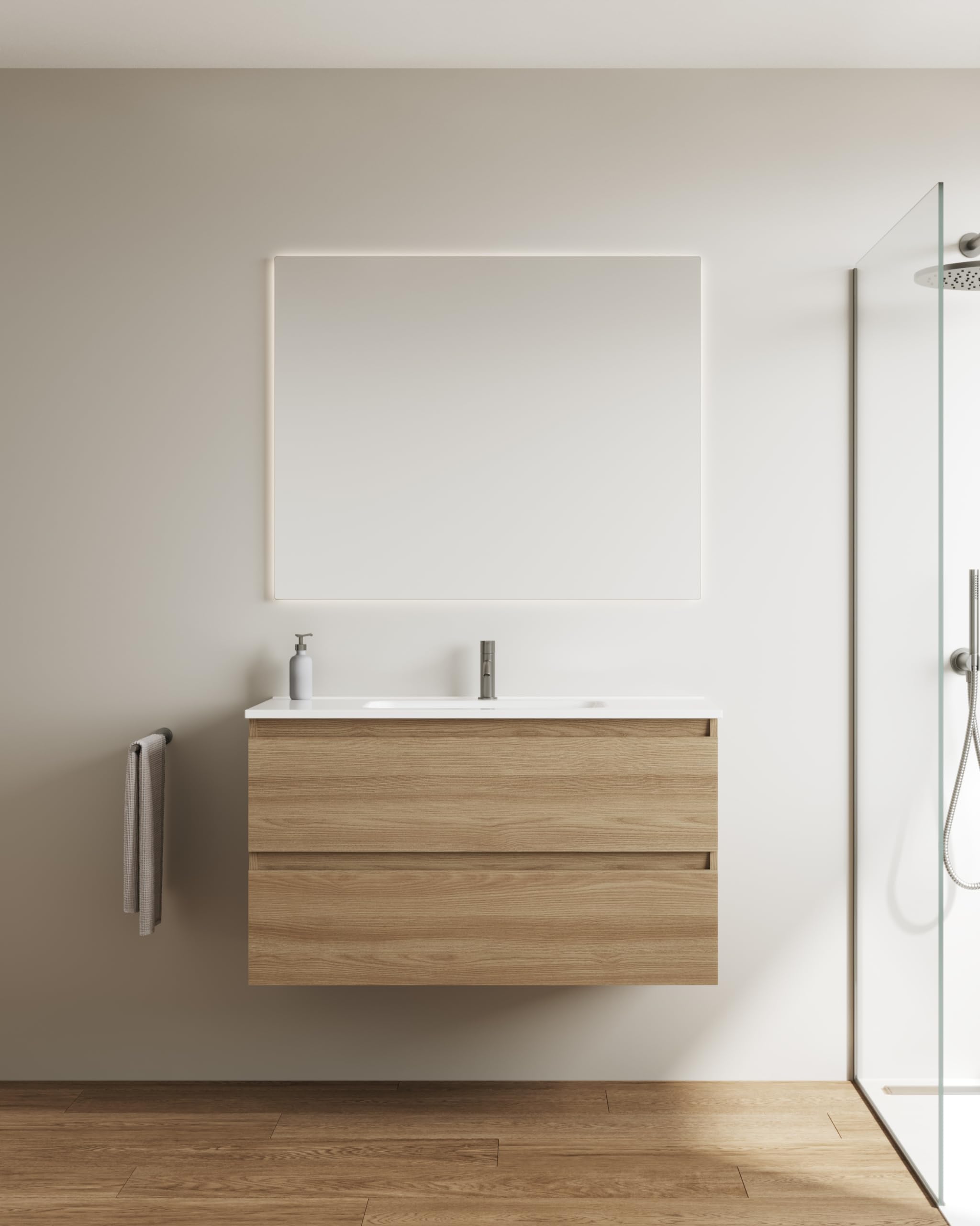 EstiloBaño - Aurora | Conjunto Mueble de Baño SUSPENDIDO con 2 Cajones + Lavabo | Disponible 60-80-100 + Blanco - Nogal 【Ancho 60】 【Nogal】