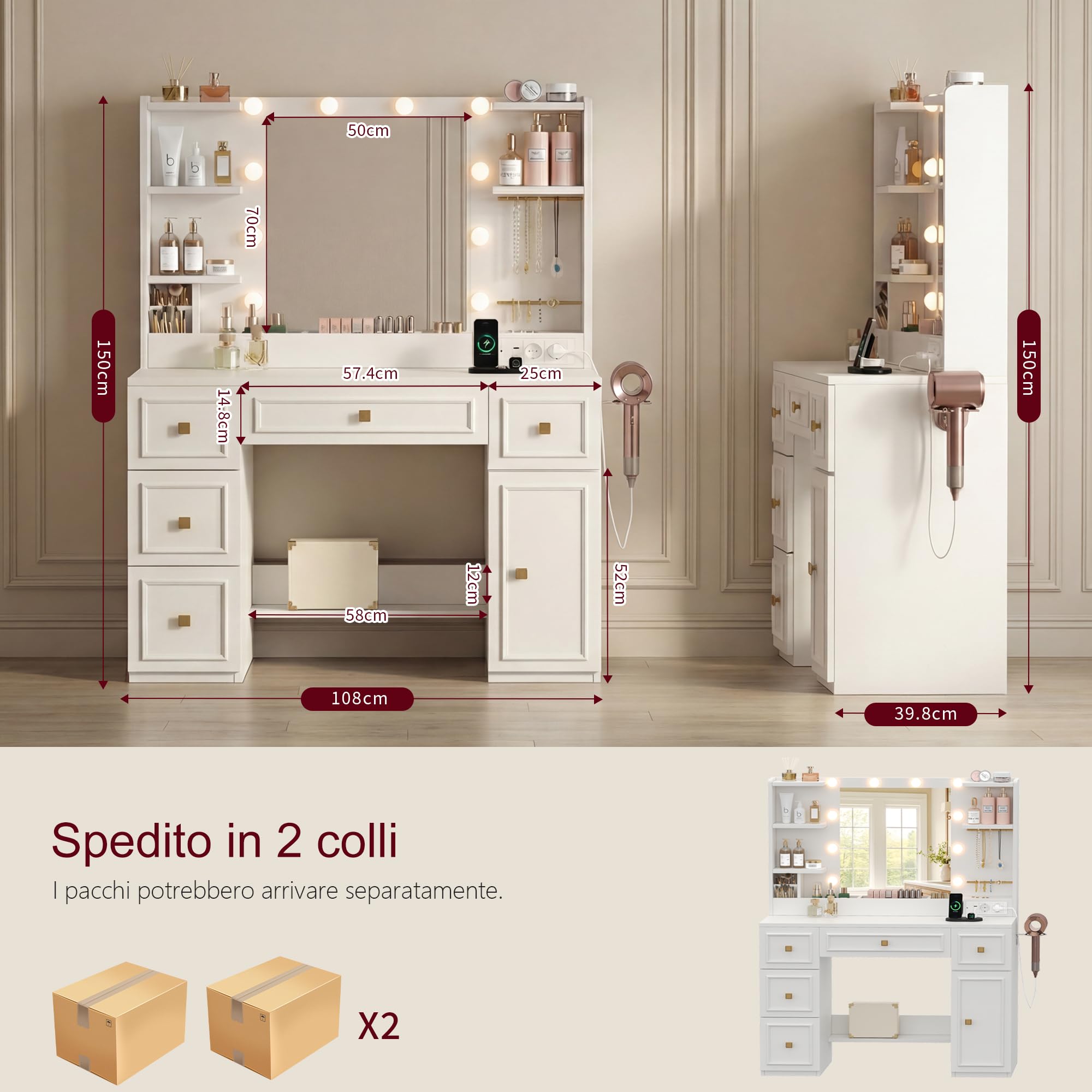 Heybly Toeletta Trucco con Specchio LED e Luci, Tavolo da Trucco con 6 Cassetti e 6 Ripiani, Presa Integrata e Porta Gioielli, Vanity Moderna per Camera da Letto, Bianco BDT002WT