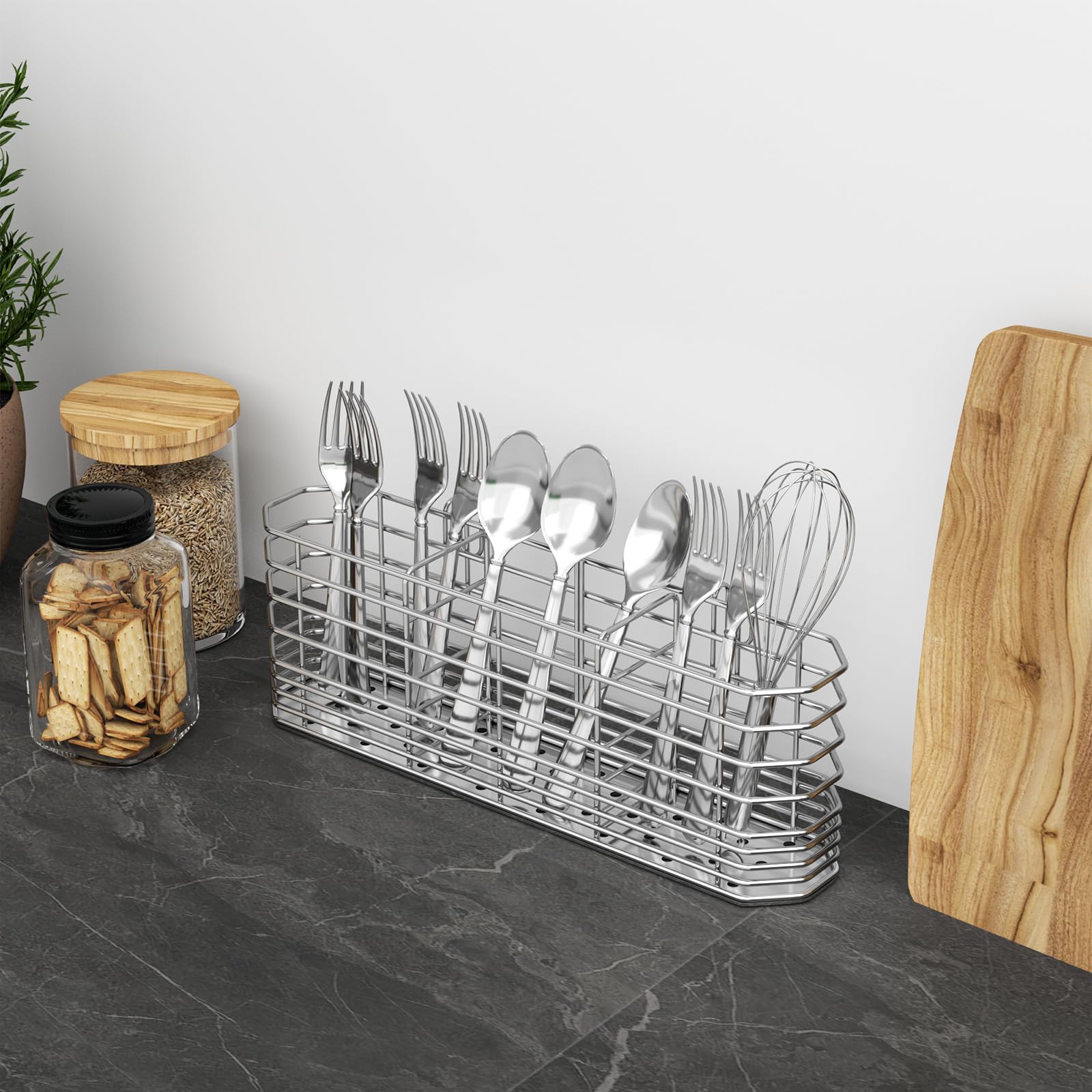 Soporte para utensilios de acero inoxidable 304, estante de secado de cubiertos con ganchos para escurridor de platos, cuchillo y tenedor con 3 compartimentos divididos, accesorios de cesta de drenaje