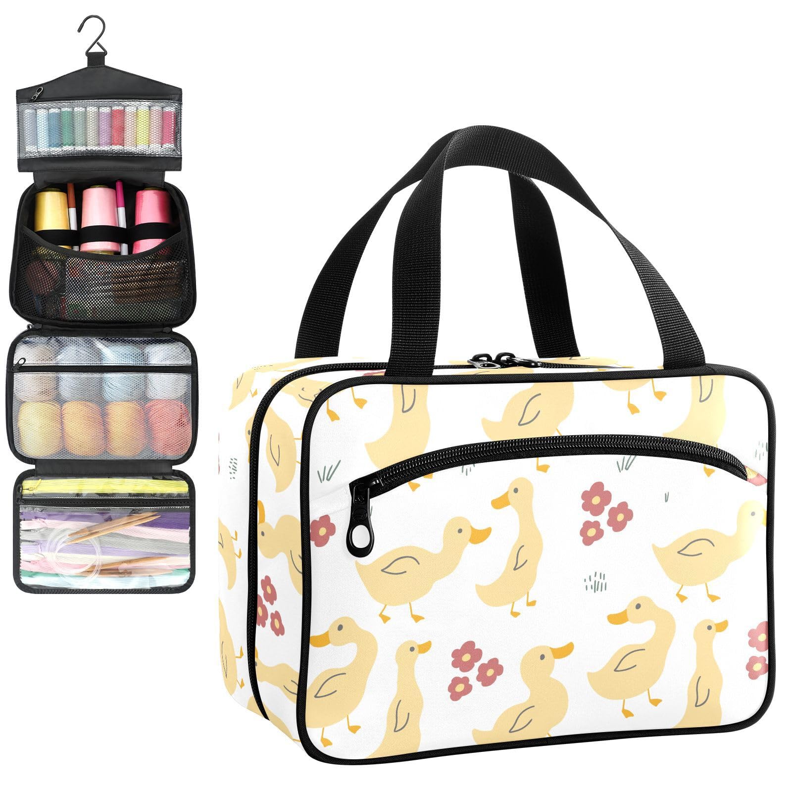 YNNALE Sewing Supply Organizer Bag, Cute Duck with Flowers Yellow Ducks Portable Sewing Bags with Pockets&Hanger, Sewing Storage Box Case for Sew Supplies/Kit/Tools/Accessories (BAG ONLY)