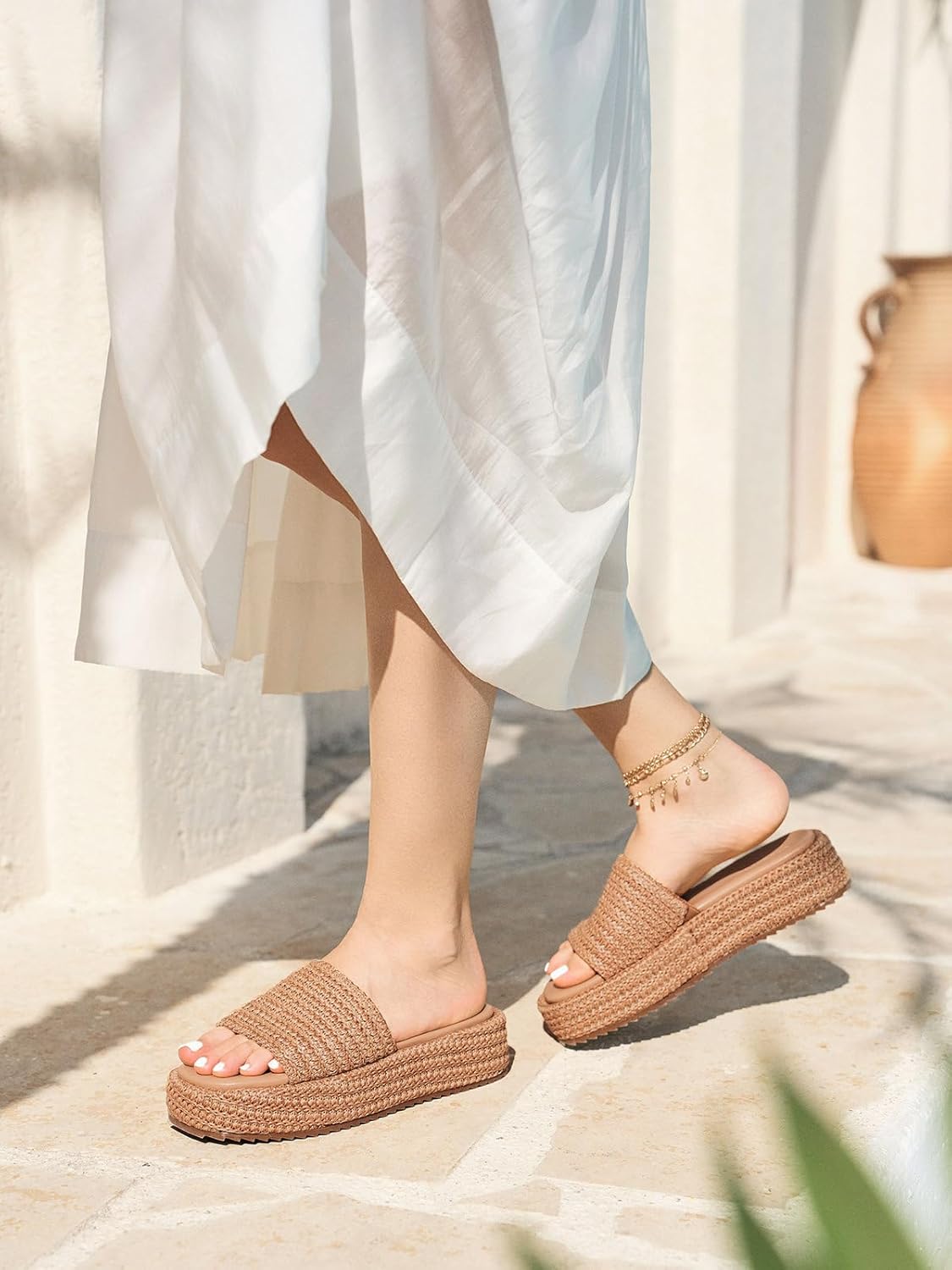 Coutgo Womens Platform Sandals Raffia Espadrilles Slip on Open Toe Cute Boho Summer Beach Slide Sandals - Image 2