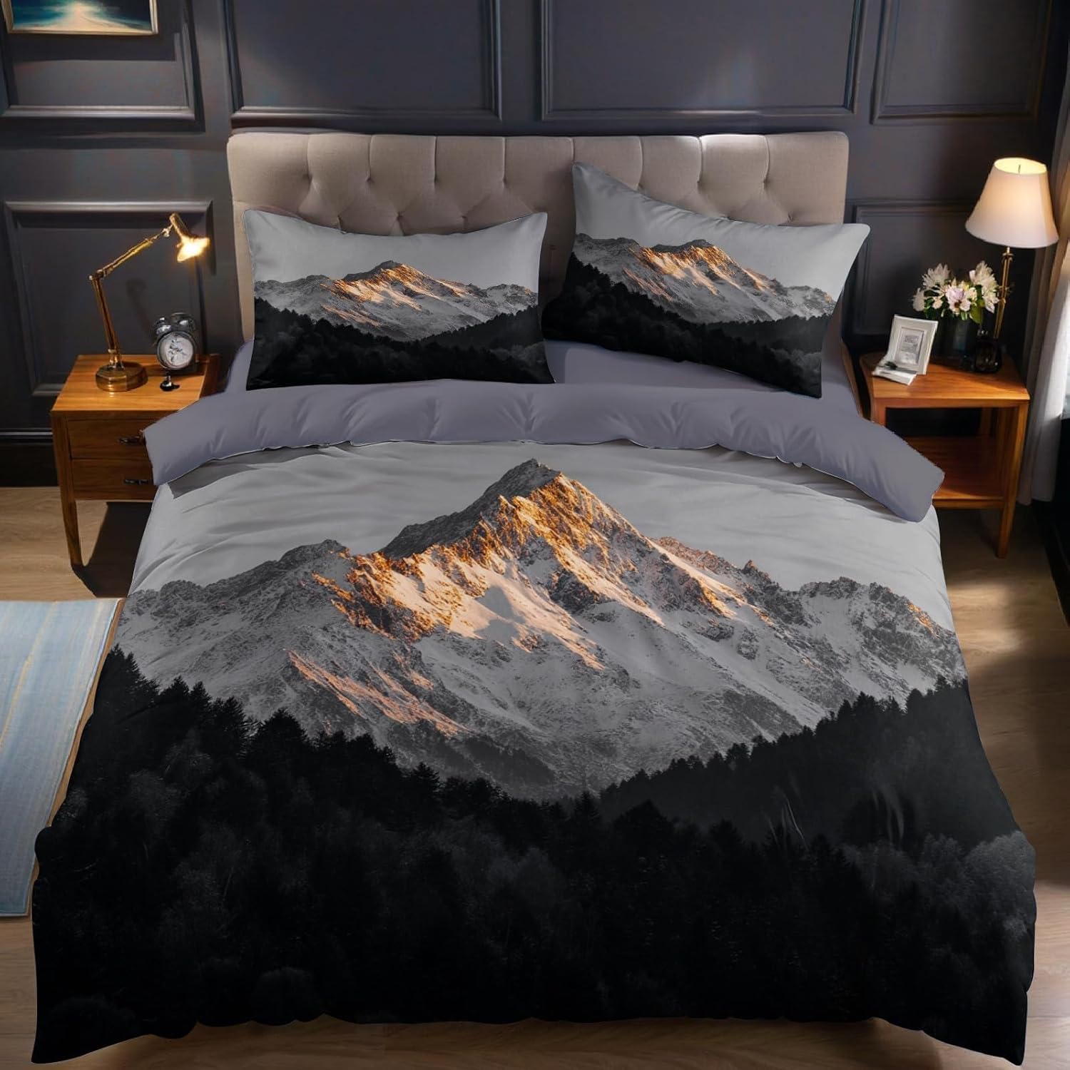 Funda Nordica Cama 105 Juvenil Paisaje de Montaña Nevada Funda Edredon 200x200 Gris 3D Fundas de Edredón Microfibra Suave Ropa de Cama de 3 Piezas con Cremallera y 2 Fundas de Almohada K-1342