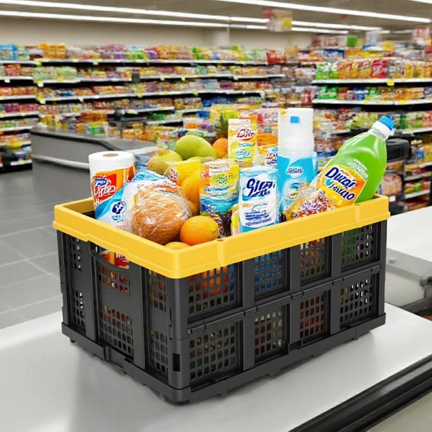 TOLRET 49L Collapsible Crate, Milk Crate for Storage, Foldable Storage Crate, Stackable Crate for Organizing for Home, Shopping, Camping, School, Office, Warehouse, Yellow