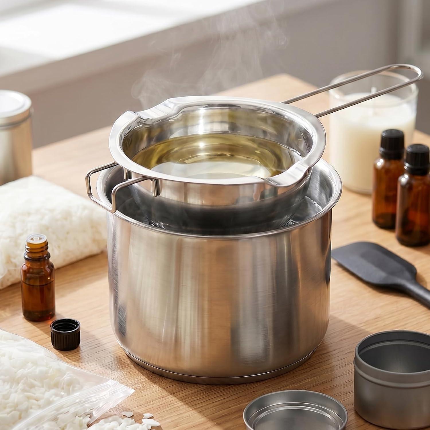 Double Boiler Pot for Melting Wax, Stainless Steel Candle Making Kit with Silicone Spatula, Thermometer & heat-resistant mat for Soap Chocolate DIY Crafts(1400ml+600ml)