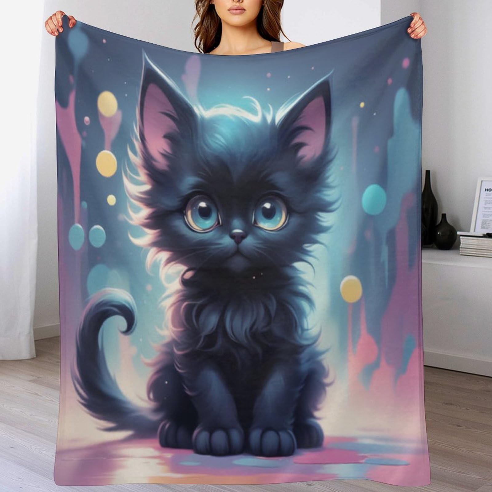 Couvre-lit chat mignon jeté de canapé en flanelle isolante et douce