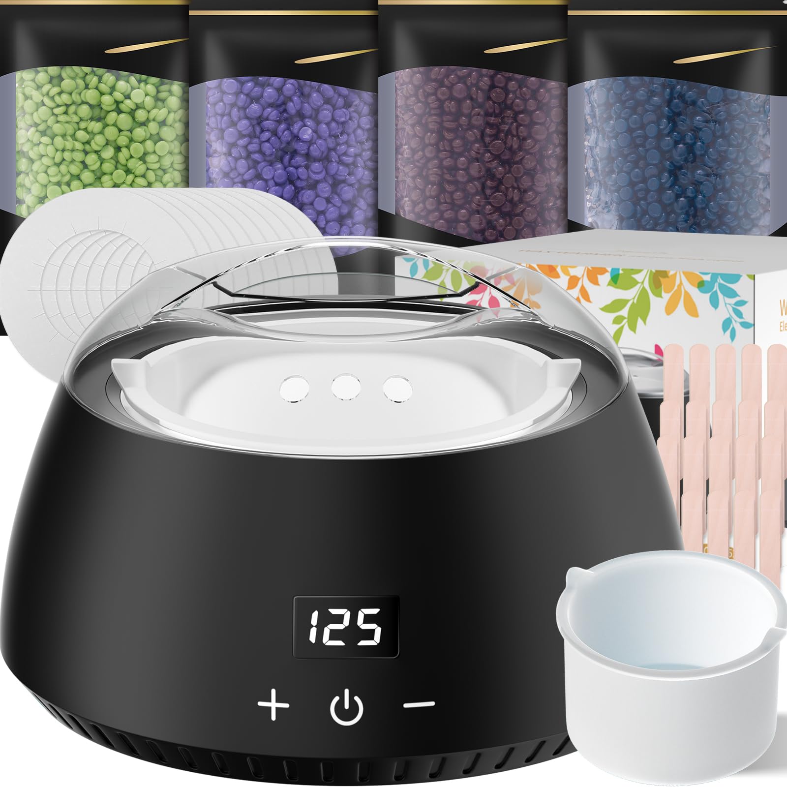 Waxing Set, LCD-Display, Silikonschale, Wachswärmer Wachs Haarentfernung mit 400g Waxing Perlen, 20 Holzspateln, 10 Papierringe zu Hause(Schwarz)