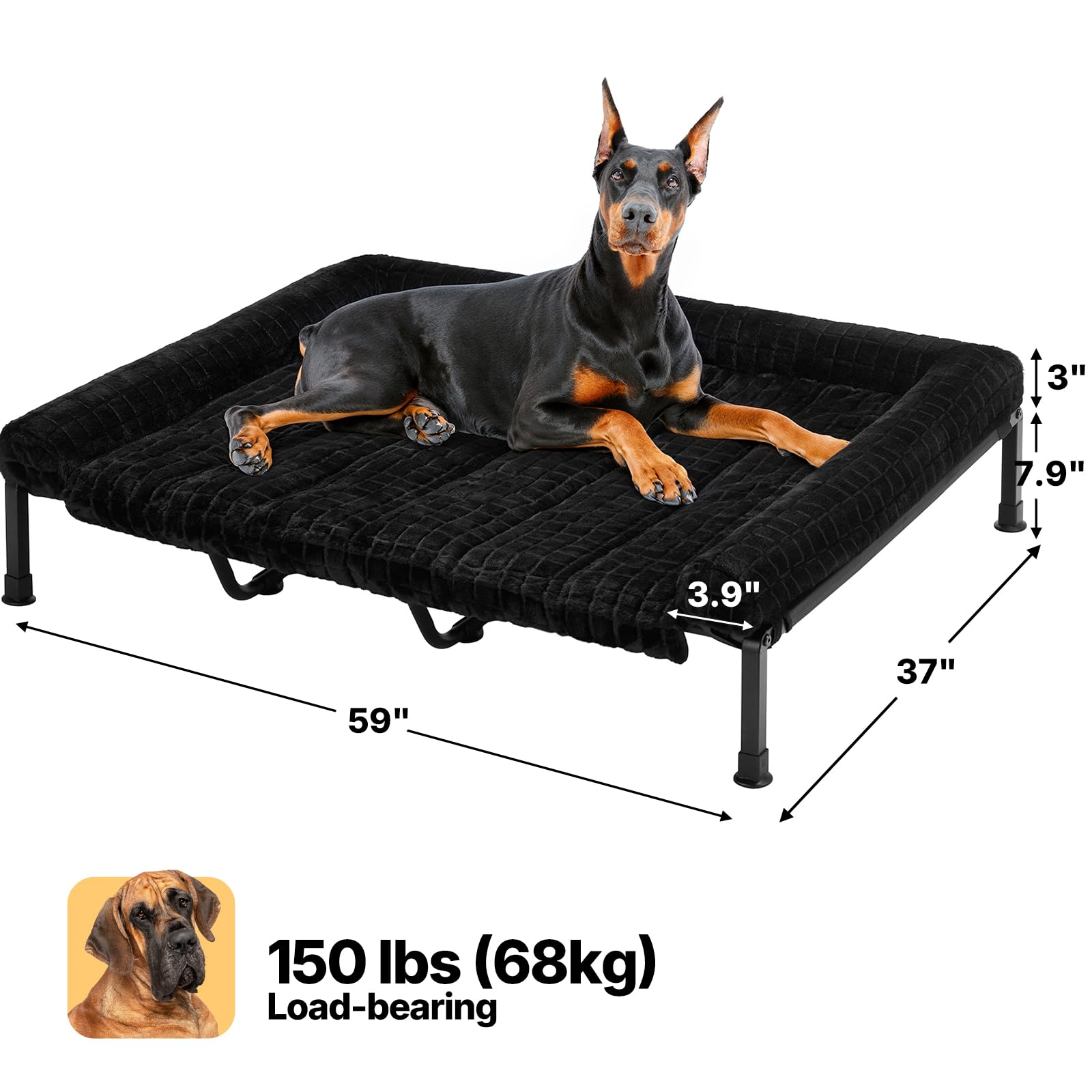 Veehoo Lit Chien Sureleve XXL Dehoussable Lavable, Moelleux Transat Chien avec Coussin Amovible, Lit Ccanapés Surélevé pour Chiens avec Pieds Antidérapants, Noir 150 x 94 x 20 cm