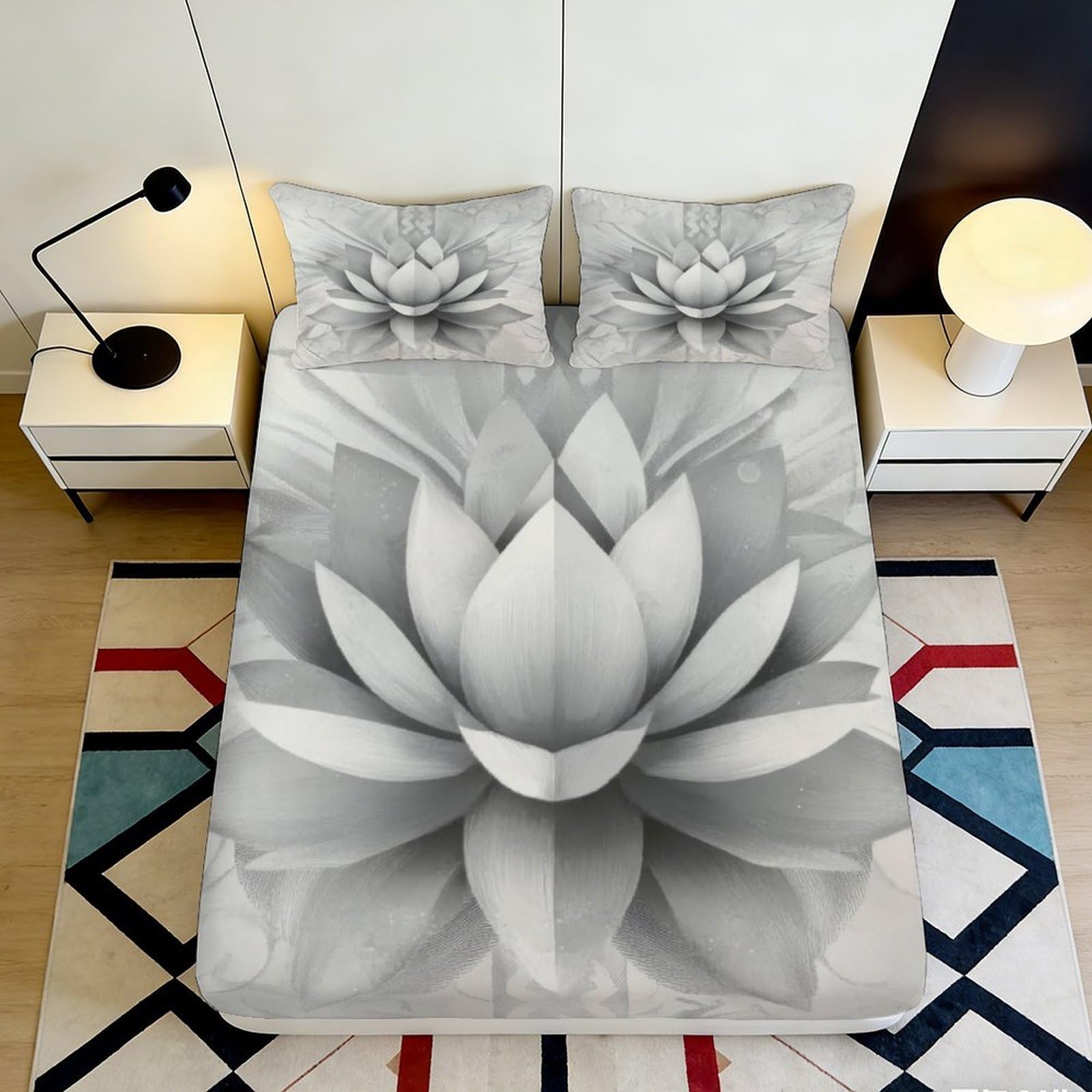 Dhbaneiok Style-7 3D Printed Lotus Blossom Fitted Sheet Microfiber Soft Grey Floral Bed Cover For Bedroom Dorm Mattress Decor 90X200x25cm