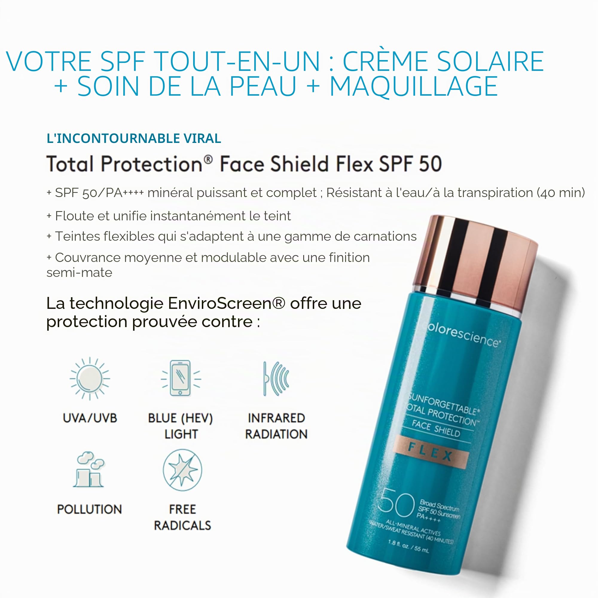 Colorescience Total Protection Face Shield Flex SPF 50 Formule à l'oxyde de zinc Profond 50 ml